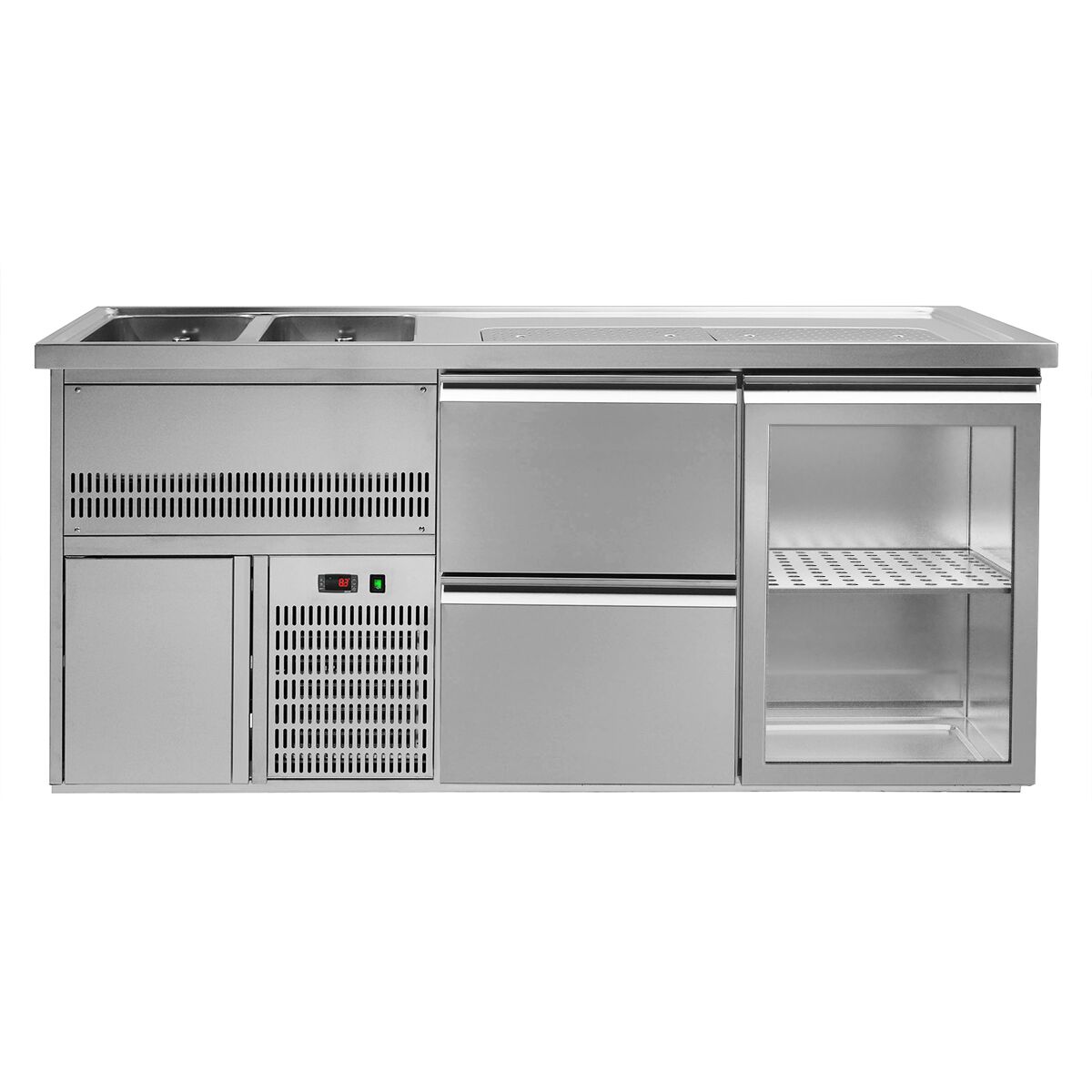 Comptoir à bière Premium PLUS – 1950 × 700 mm – 1 porte vitrée & 2 tiroirs