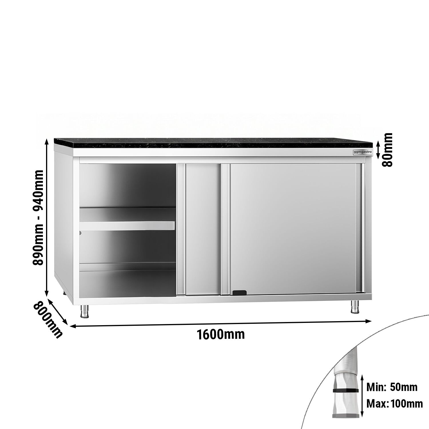 Edelstahl Arbeitsschrank PREMIUM - 1600x800mm - mit Schiebetür - inkl. Granitarbeitsplatte
