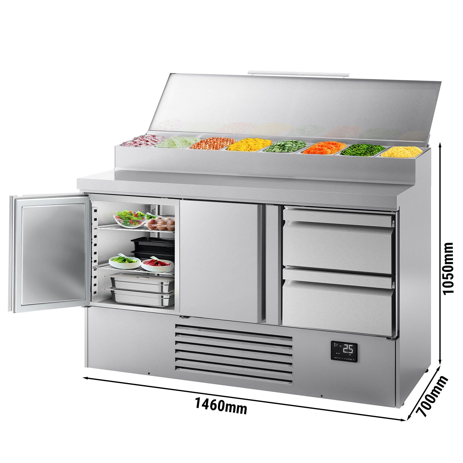 Table réfrigérée de préparation Mini - 1460 x 700 mm - avec 2 portes et 2 tiroirs - avec superstructure en inox 8 x GN 1/4
