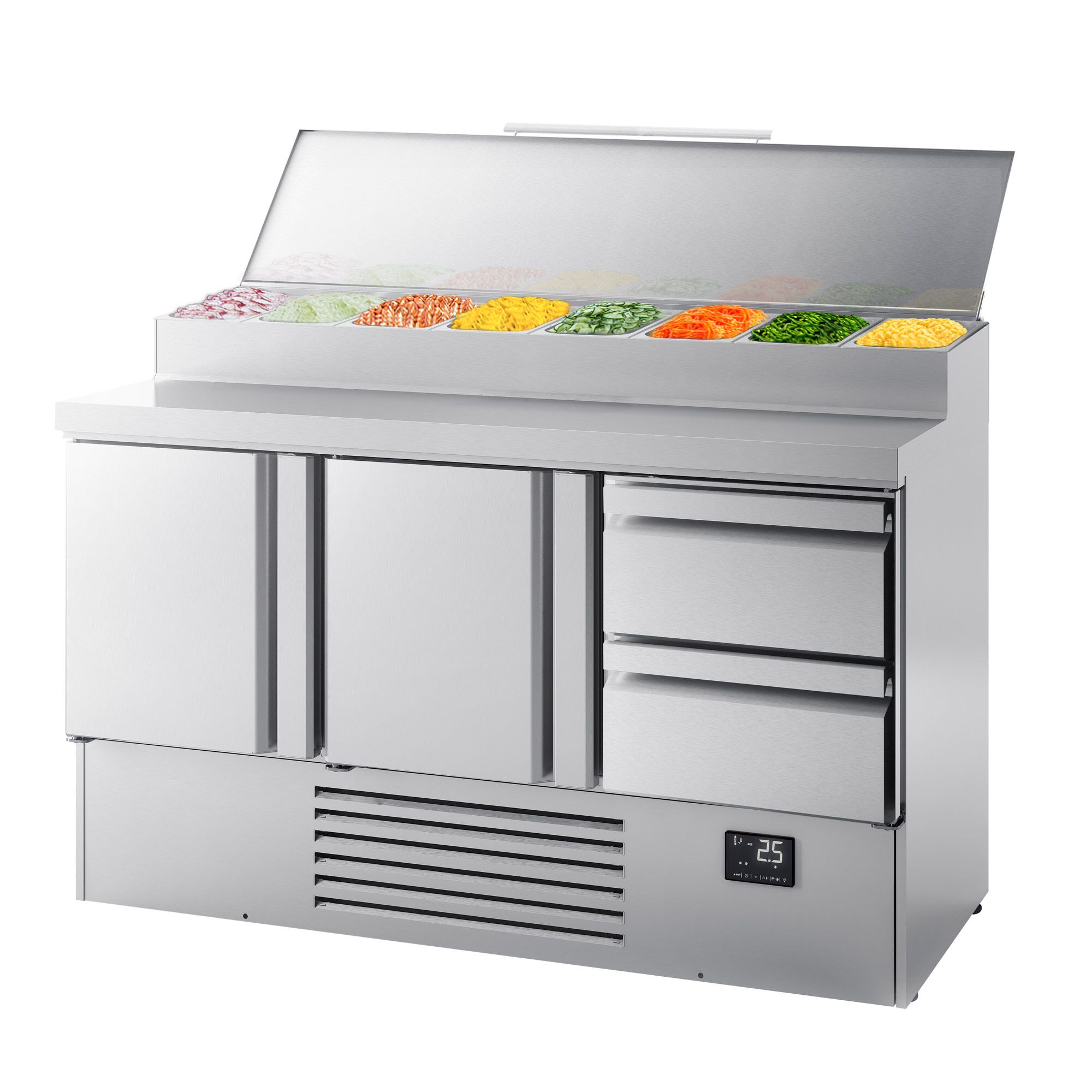 Table réfrigérée de préparation Mini - 1460 x 700 mm - avec 2 portes et 2 tiroirs - avec superstructure en inox 8 x GN 1/4