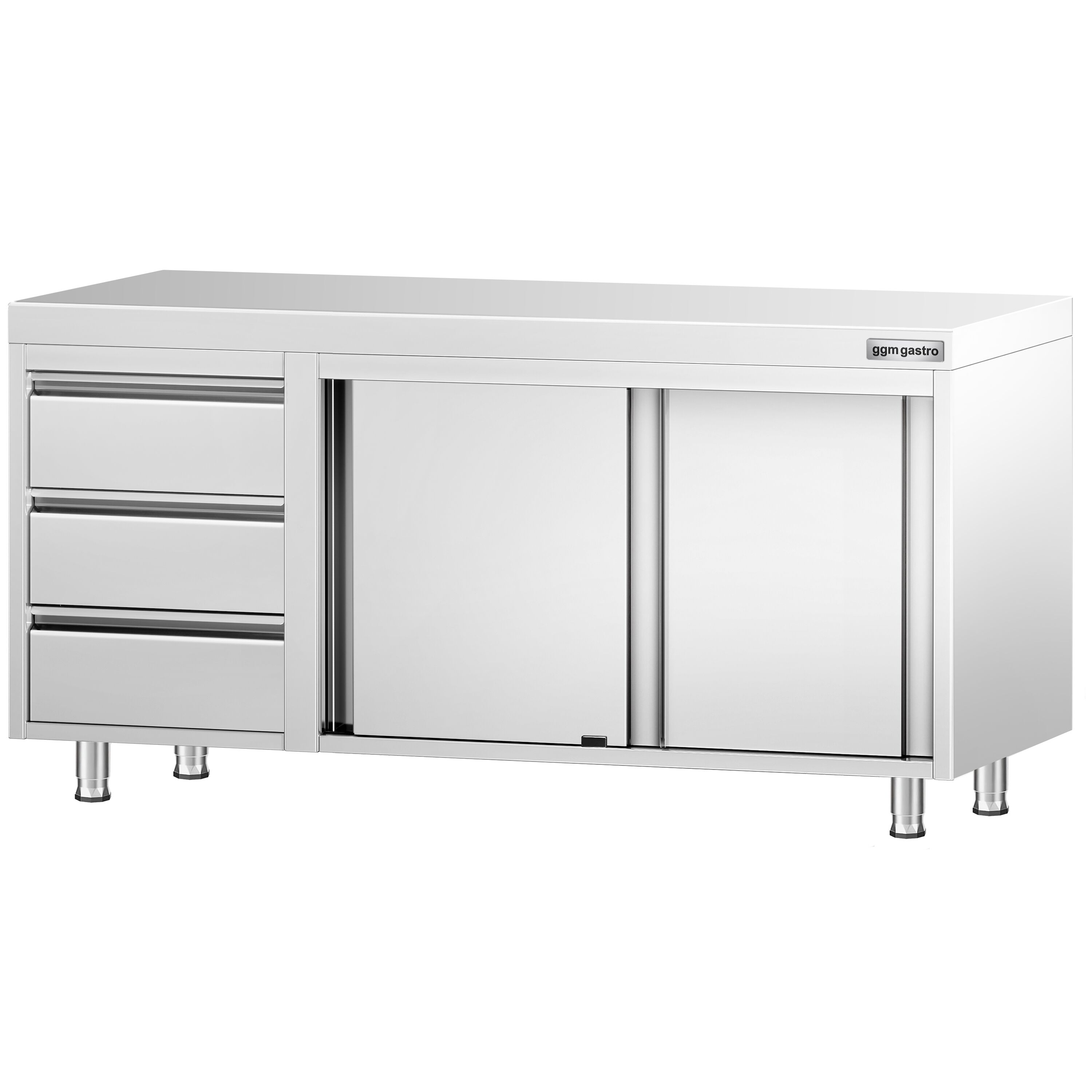 Table armoire en acier inoxydable PREMIUM - 1600x700mm - avec 3 tiroirs à gauche et portes coulissantes