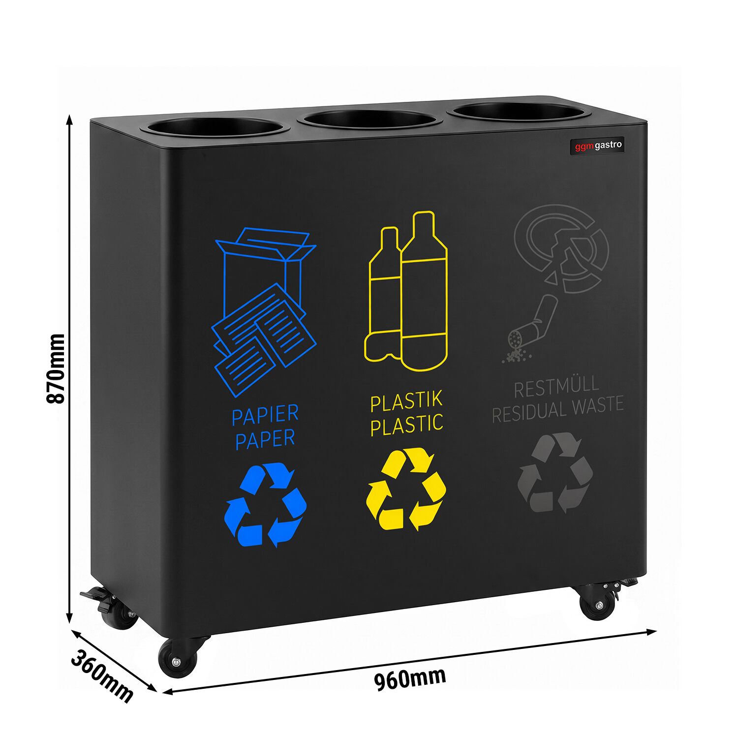Waste sorting system – 3 bins, 30 litres each – Black – with 4 castors