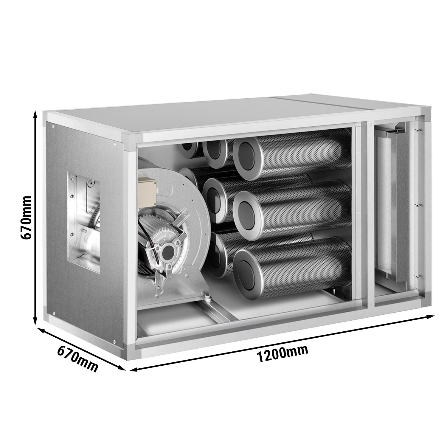 Système de purification d’air extrait avec moteur – 2 700 m³/h – taux de séparation 70 % – avec préfiltre et filtre à charbon actif