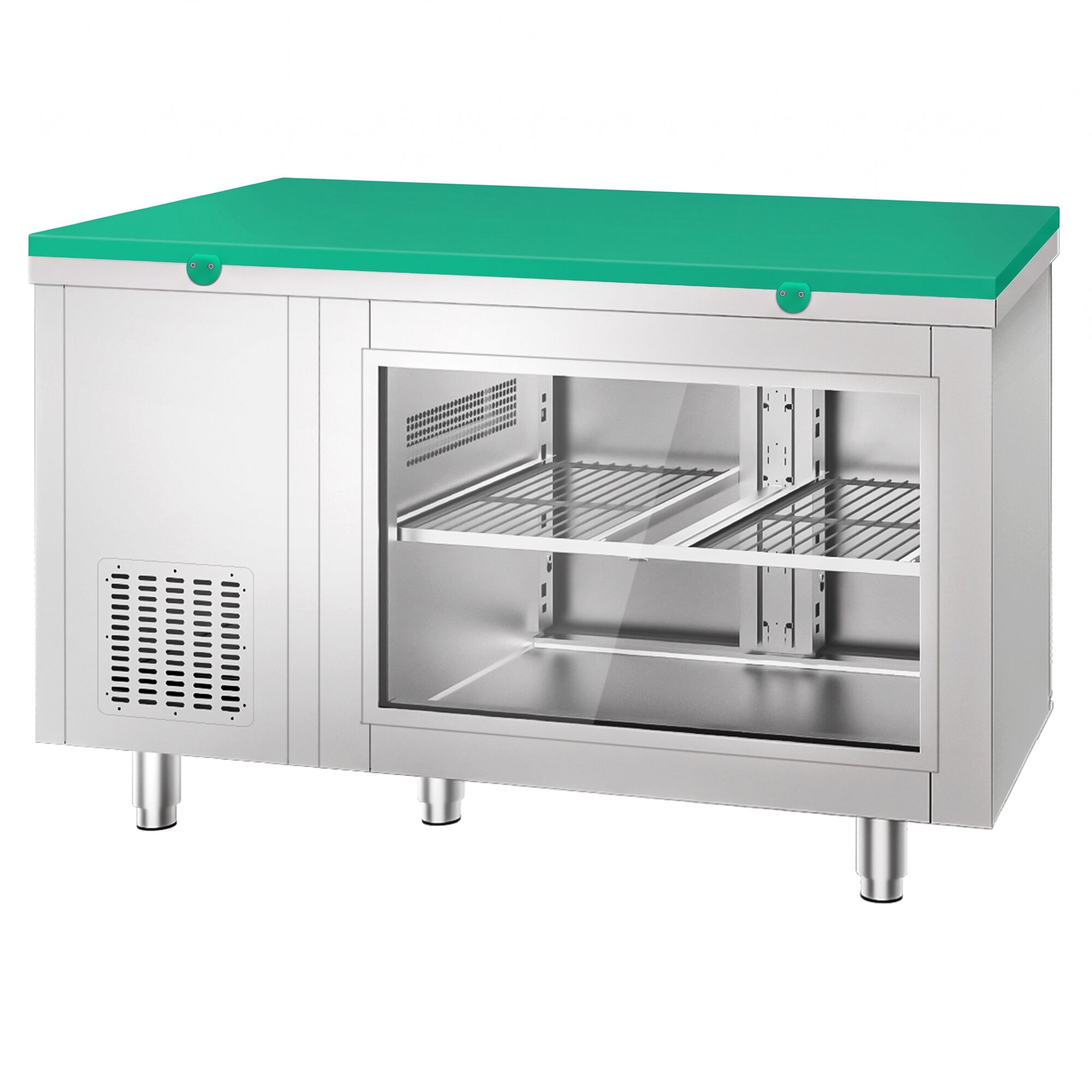 Refrigerated Counter – 1400 × 700 mm – Rear Side with 2 Doors – Glass Front – incl. Green Cutting Board