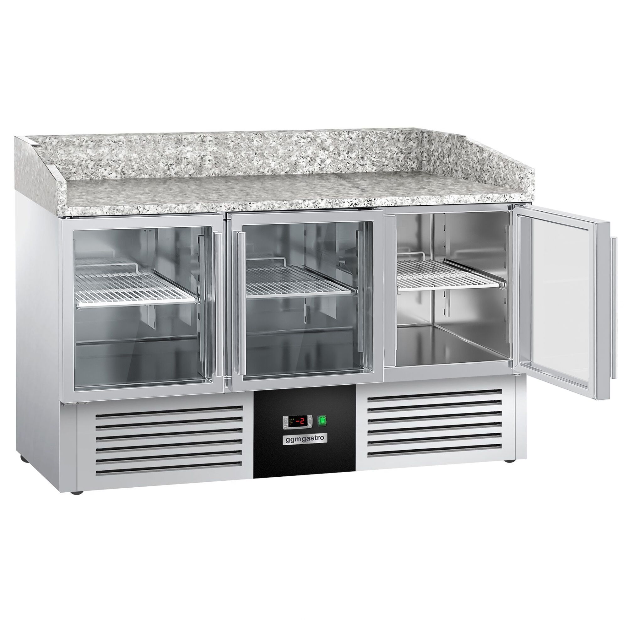 Banco pizza refrigerato PREMIUM - 1400x700mm - con 3 porte in vetro - piano in granito
