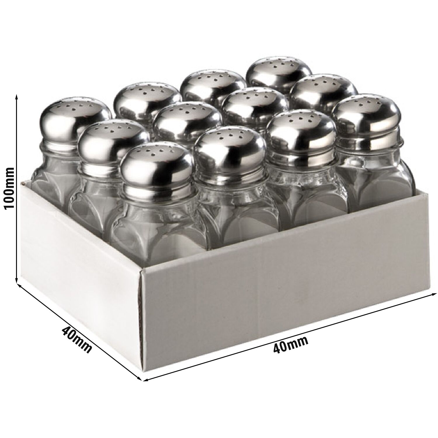 Saupoudreuse - Lot de 12 - Hauteur: 100mm - Verre - acier inoxydable - carré
