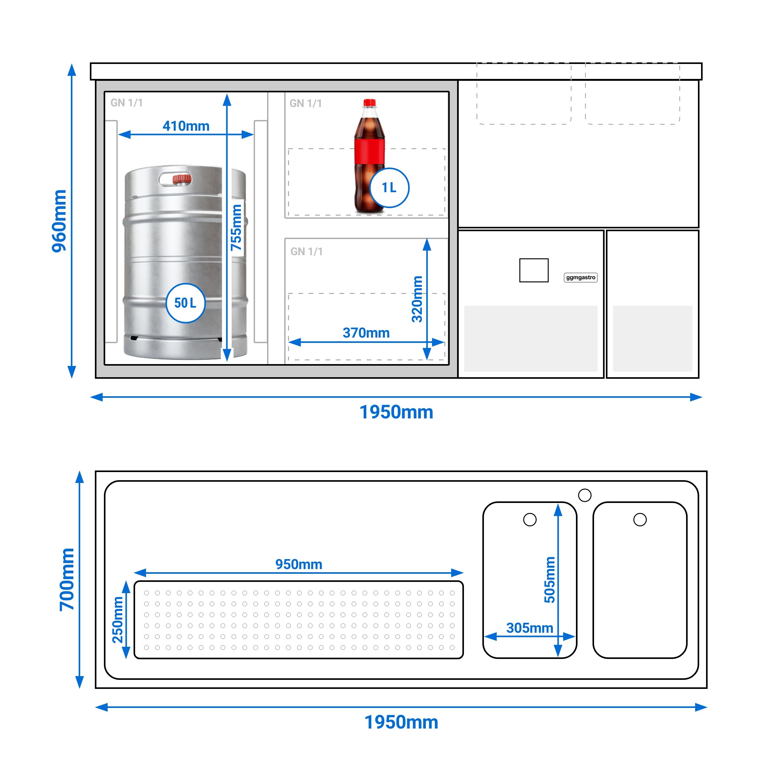 Comptoir de bar réfrigéré PREMIUM - 1950x700mm - 1 porte vitrée & 2 tiroirs en verre