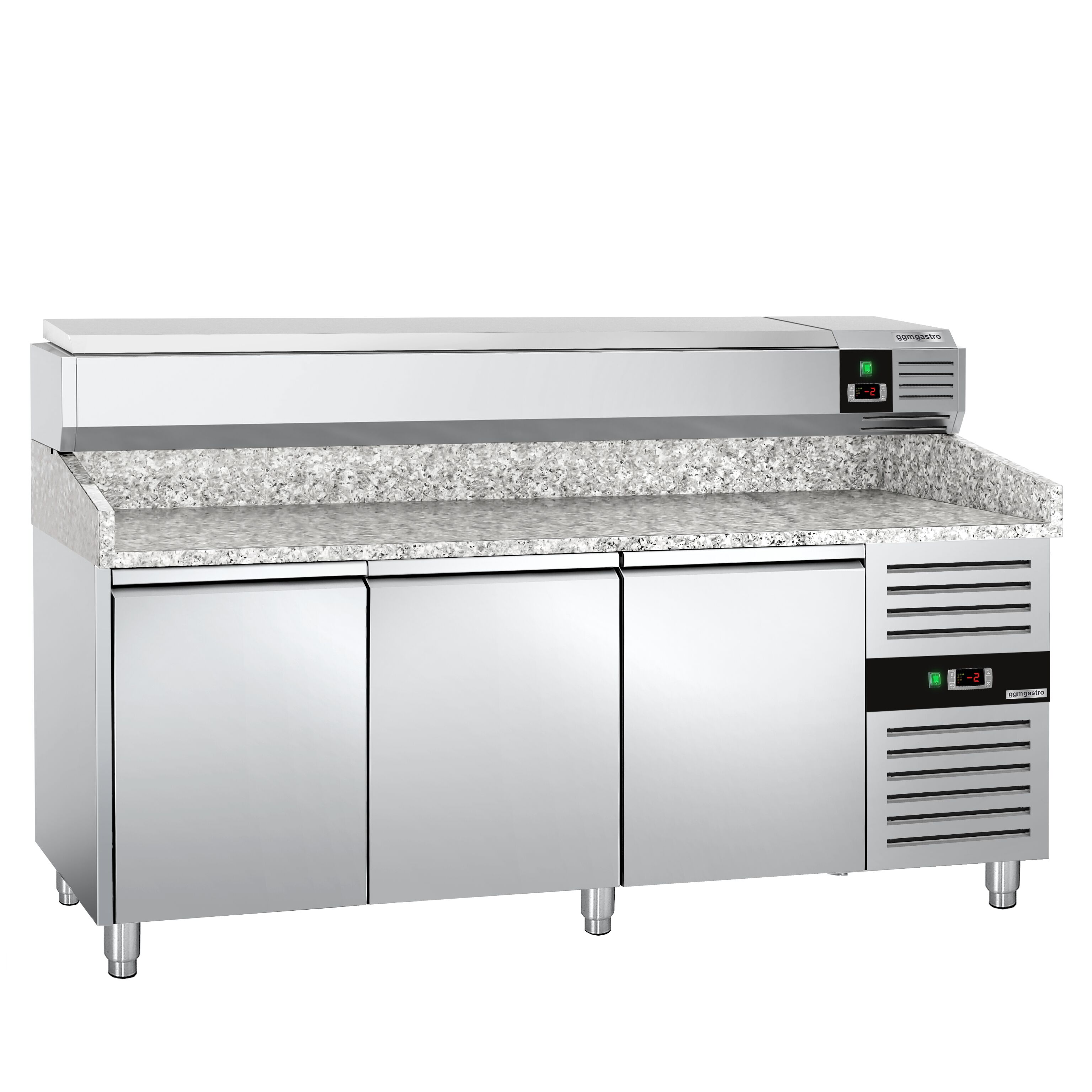Table réfrigérée à pizza PREMIUM - 2000 x 800 mm - avec 3 portes - incl. vitrine réfrigérée - 9 x GN 1/3