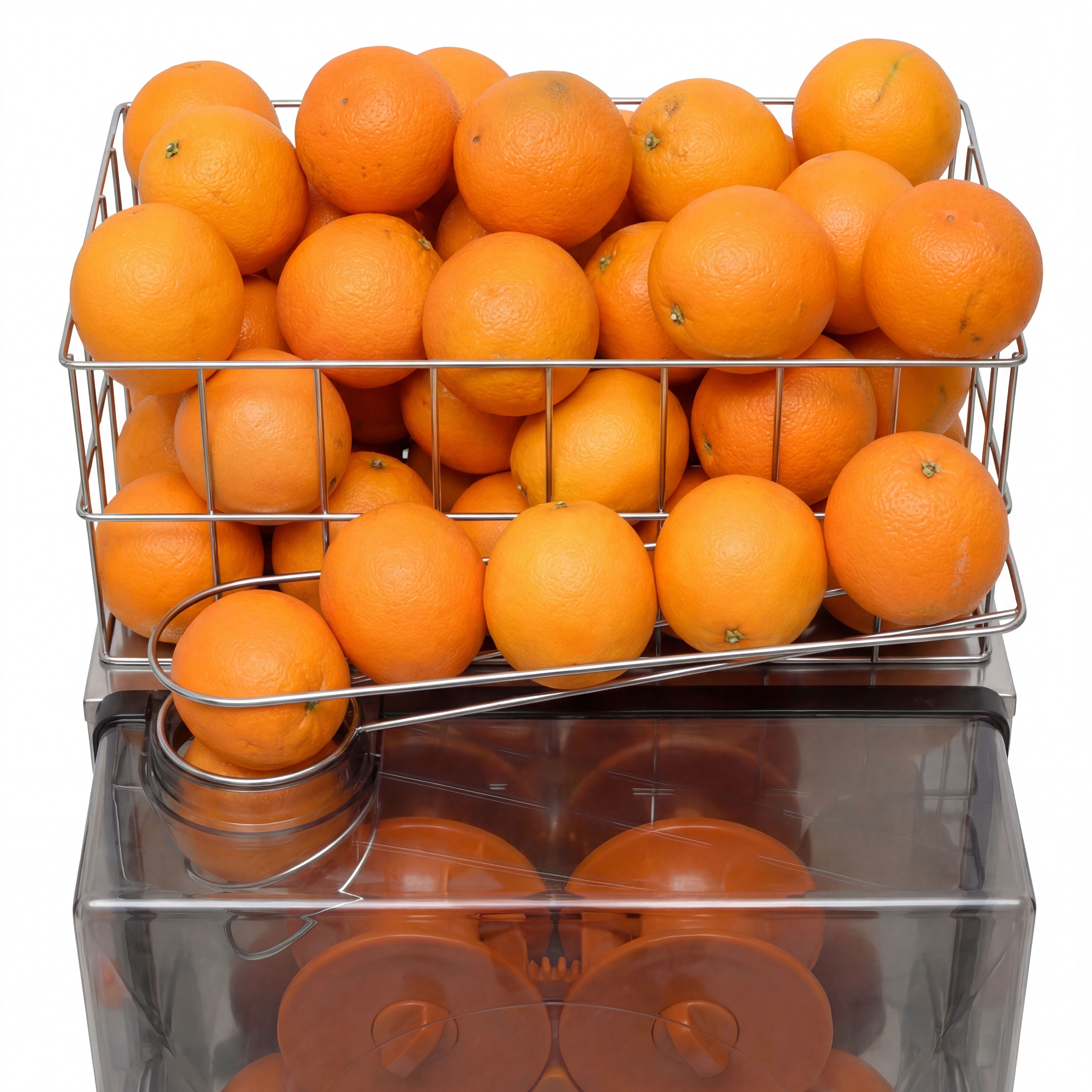 Elektrisk citruspress - 200 W - med 20 apelsiner/min, Ø 60–80 mm, korg ca 22 apelsiner, droppstopp/kran & avtagbar front för rengöring - rostfritt stål
