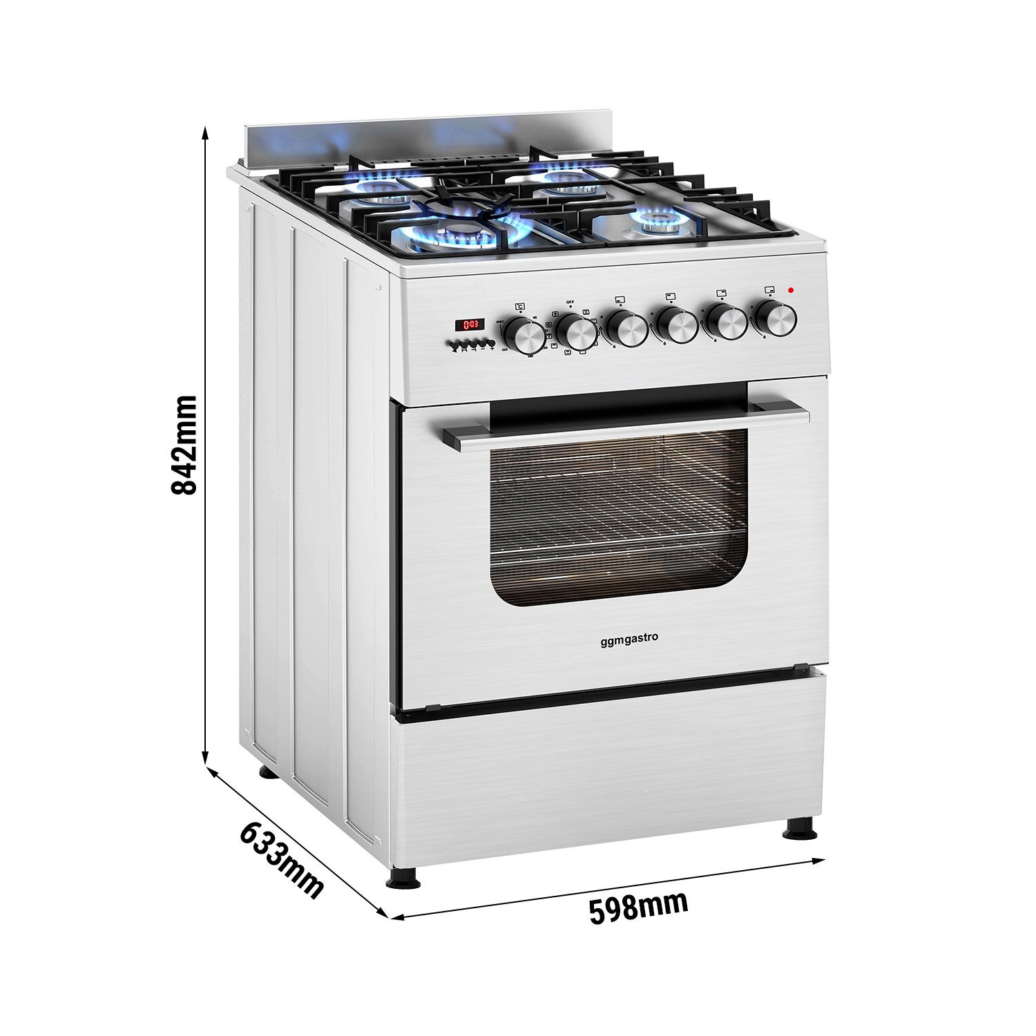 Commercial Gas Cooker – 4 Burners (8.4 kW) – 600 mm – with Electric Oven (3.85 kW)
