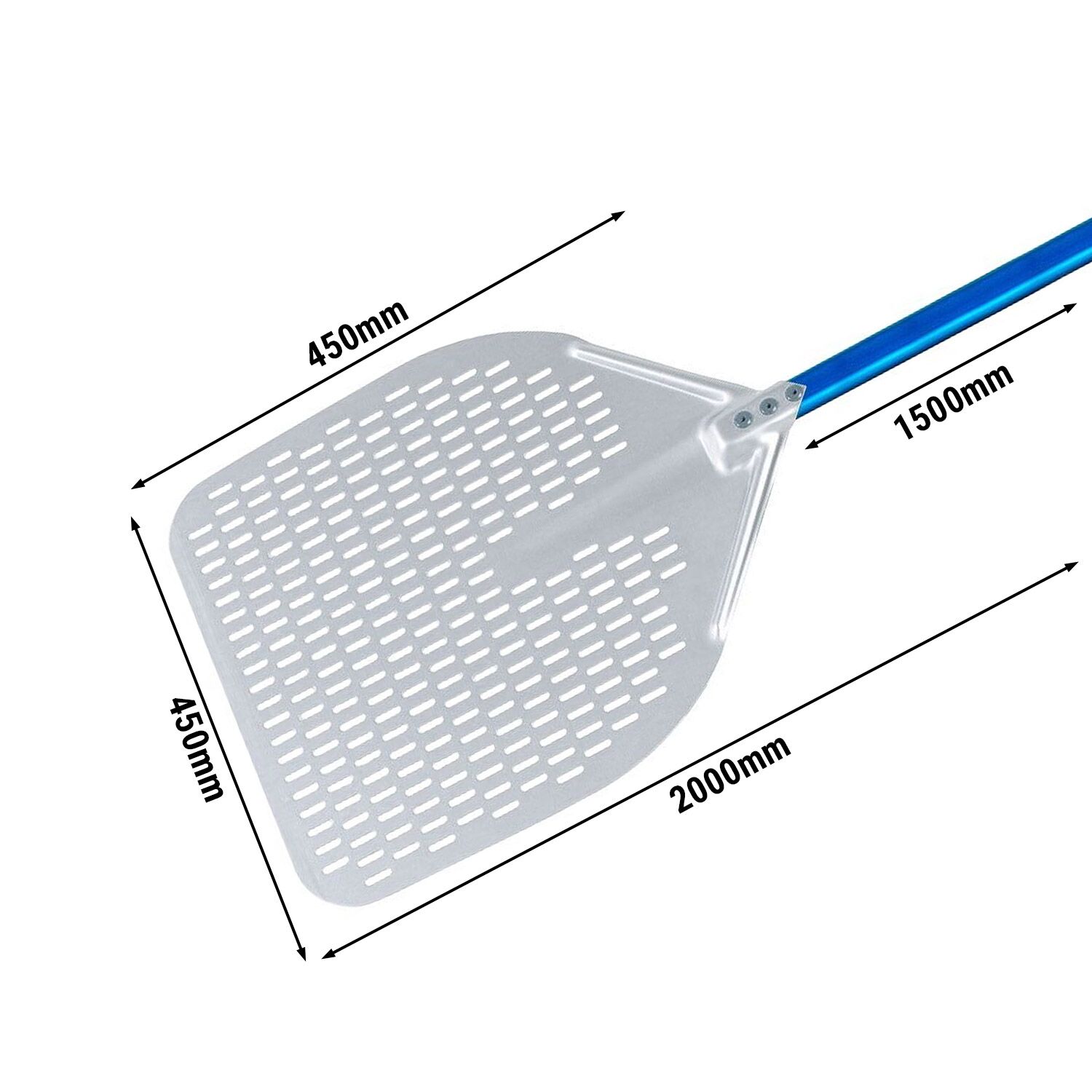 Pelle à pizza rectangulaire PREMIUM - AZZURRA - Aluminium - 450x450mm - perforée - manche 150cm