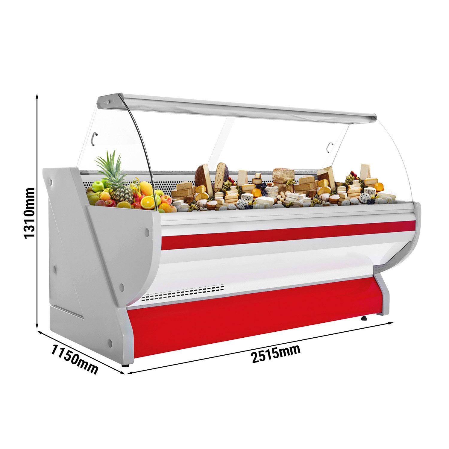 Serve Over Counter - 2515x1150mm - curved front glass - granite worktop - red front - capacity 500 litres