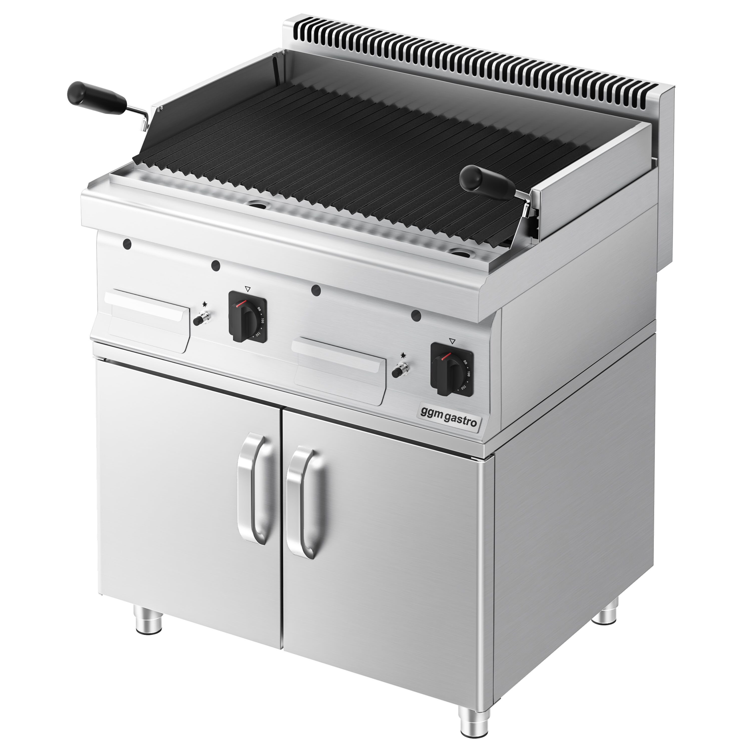 Grill à pierre de lave à gaz – 14 kW – grille inclinable – incl. soubassement avec 2 portes