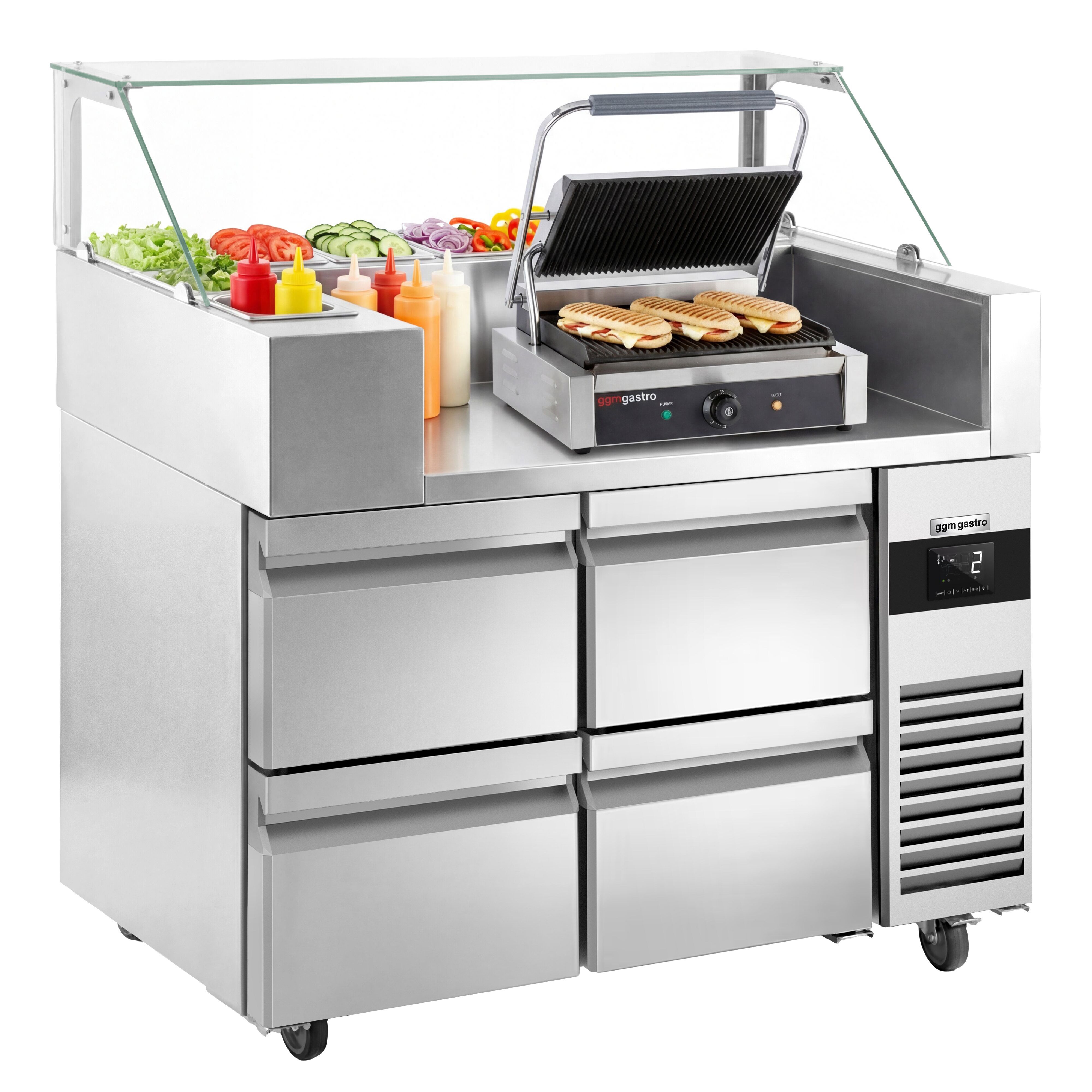 Table de préparation – 1210 mm – 4 tiroirs – pour 9 bacs GN 1/6 – incl. grill de contact