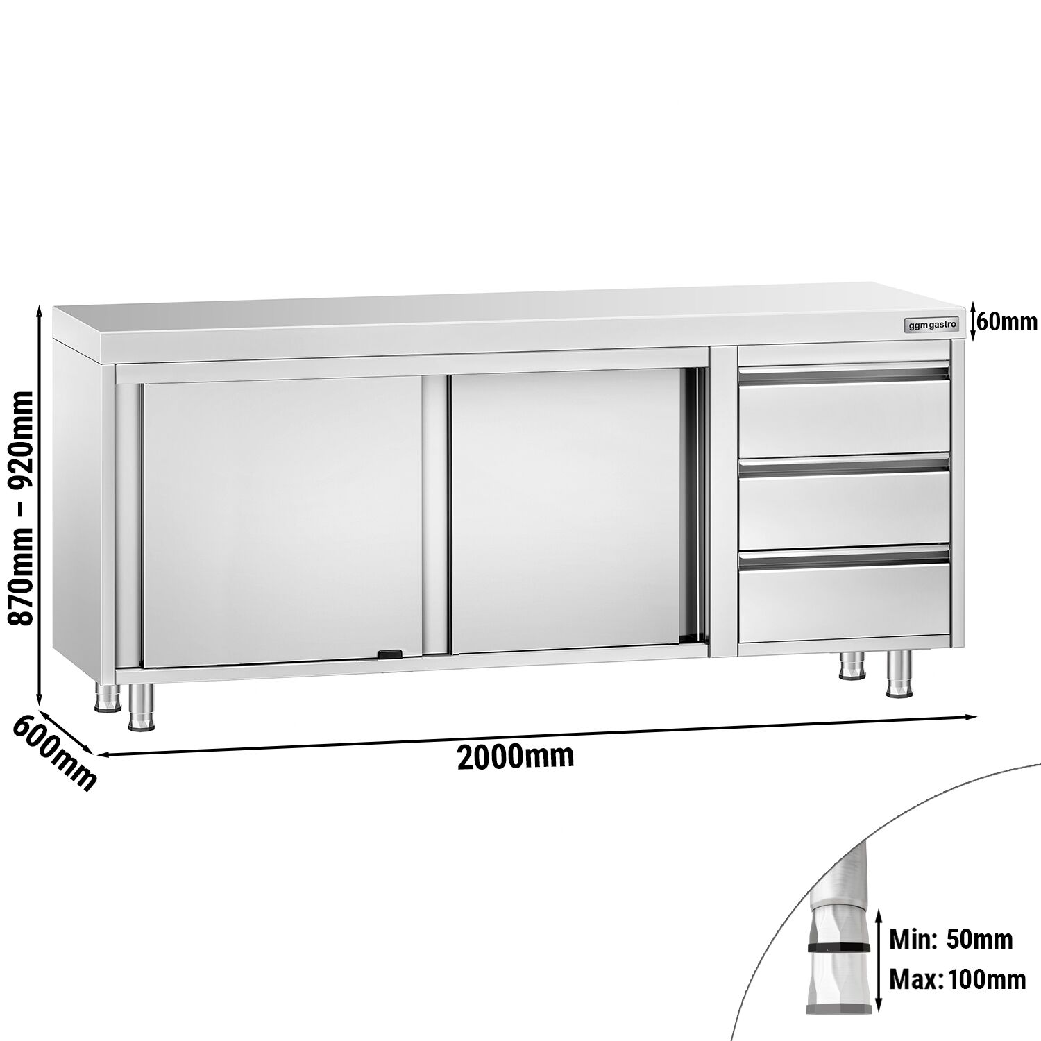 Table armoire en acier inoxydable PREMIUM - 2000x600mm - avec 3 tiroirs à droite et portes coulissantes et étagère basse