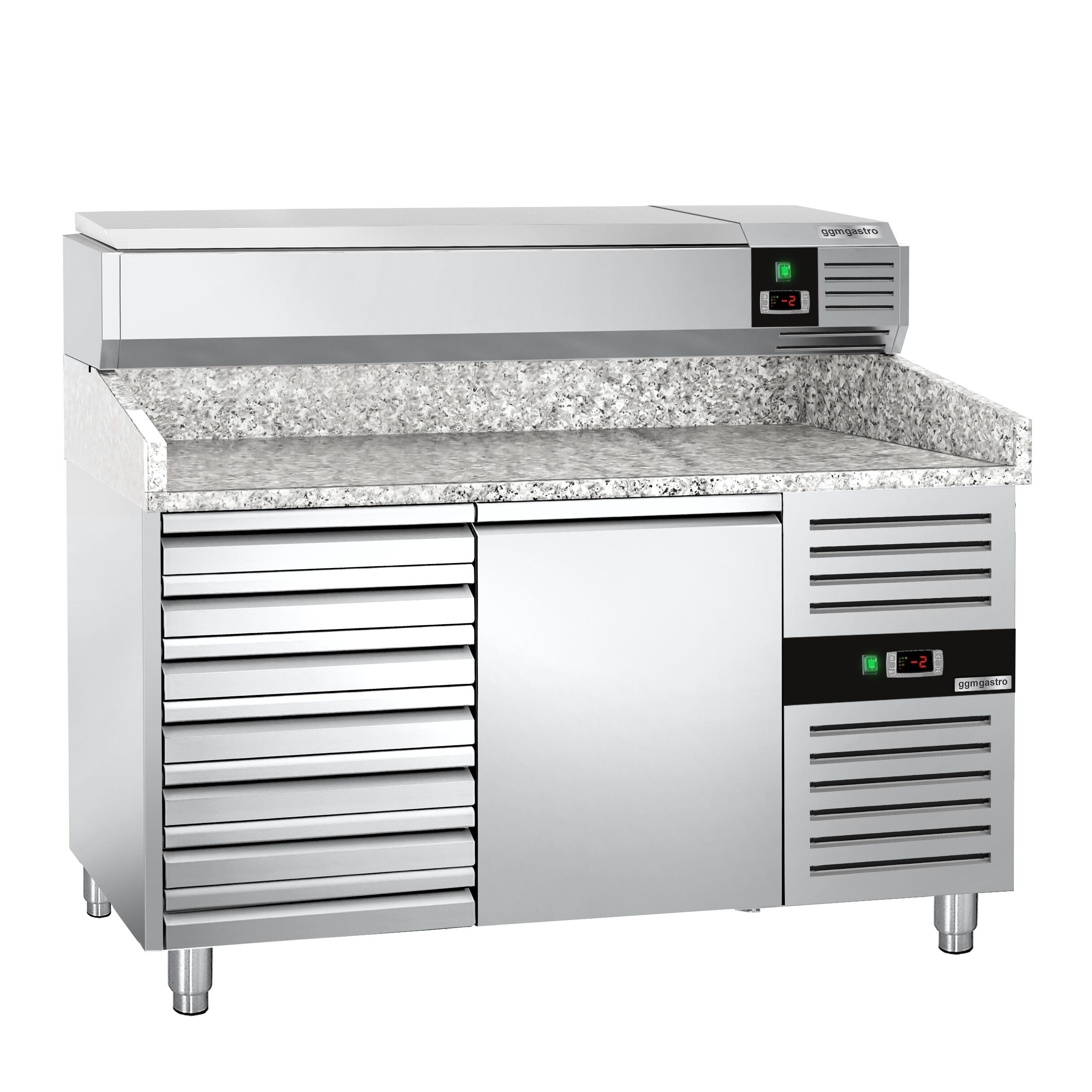 Table réfrigérée à pizza PREMIUM - 1500 x 800 mm - avec 1 porte et 7 tiroirs - incl. vitrine réfrigérée - 7 x GN 1/4