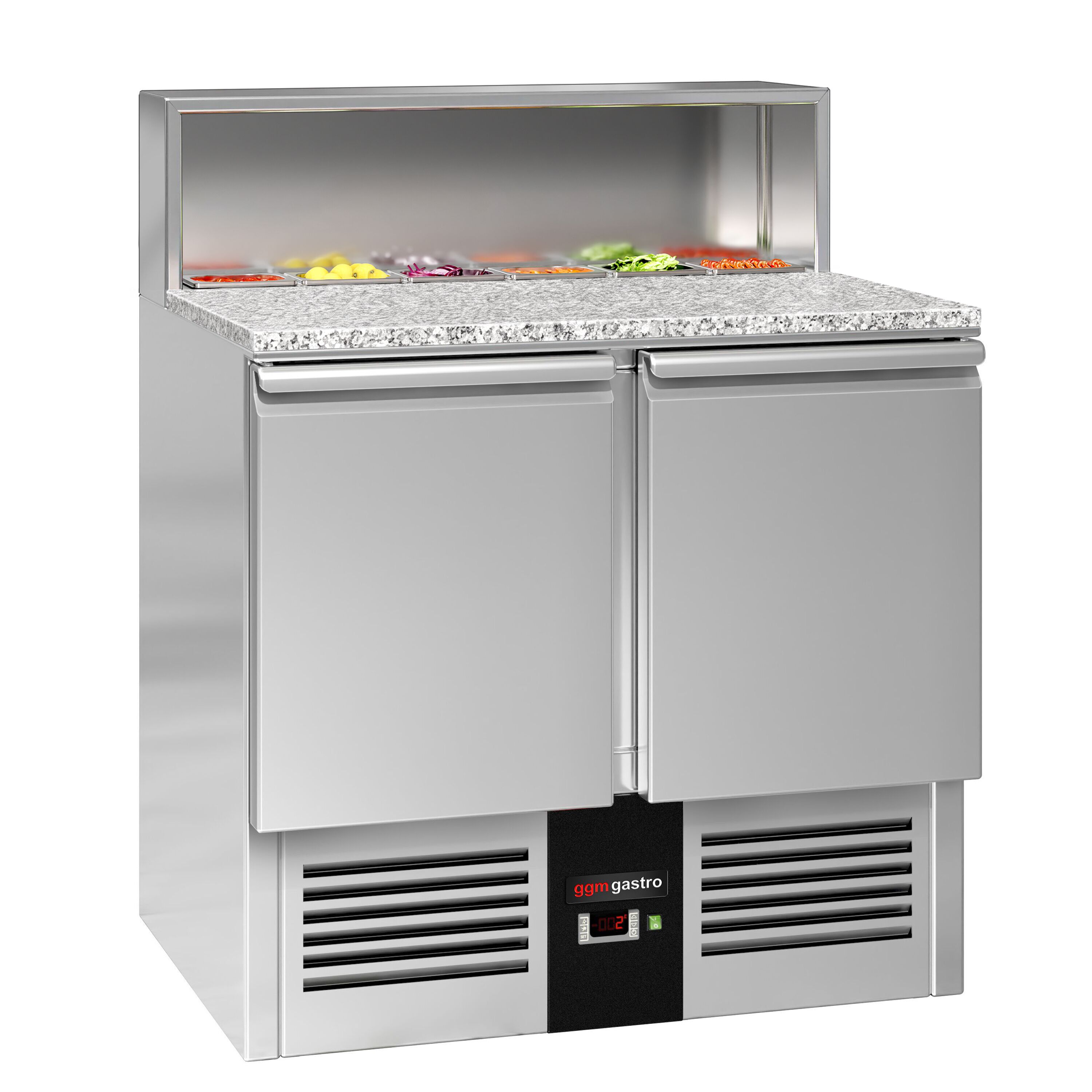 Saladette réfrigérée PREMIUM - 903mm - 240L - 2 portes - pour 5x GN 1/6 & Couvercle inox - plan de travail en granit noir