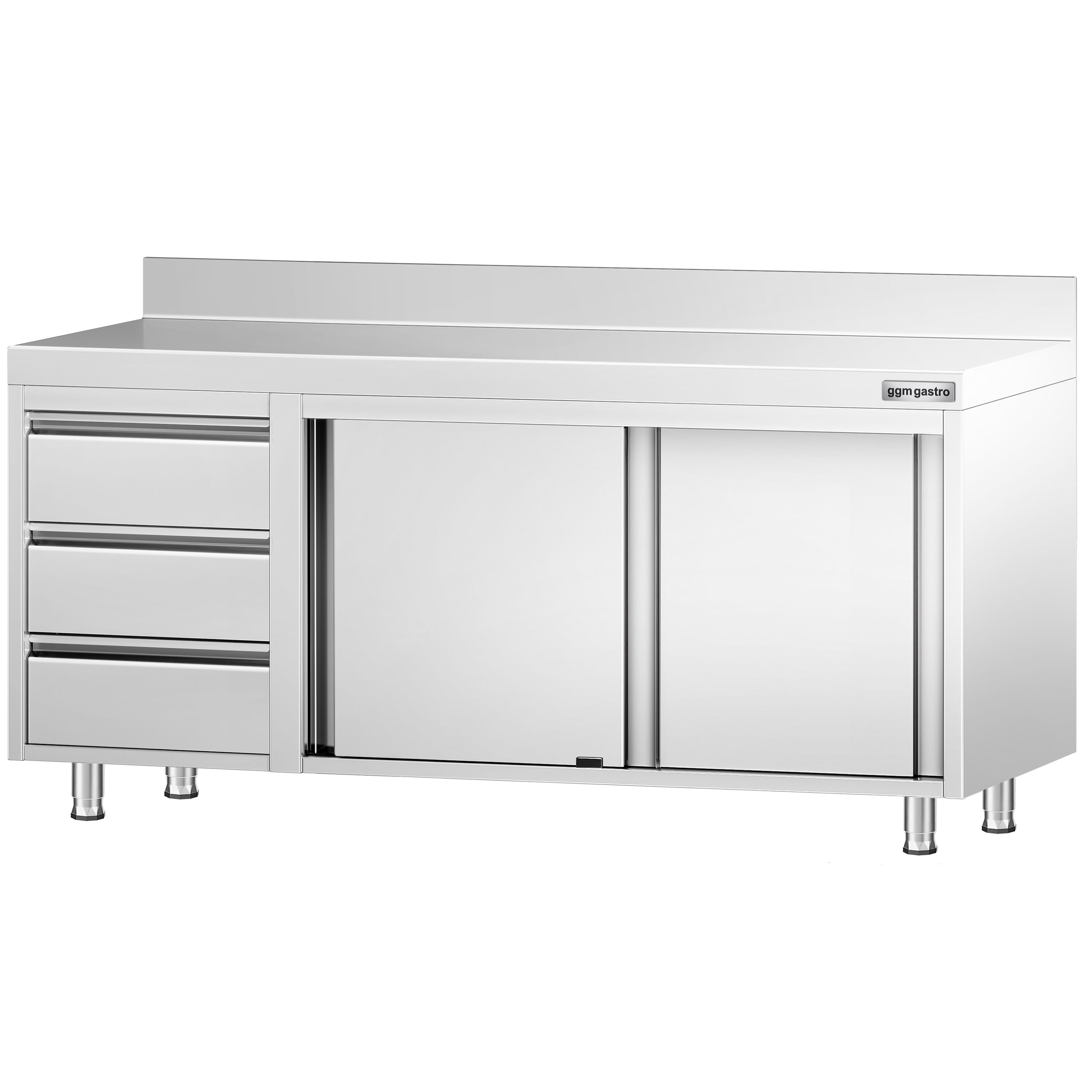 Table armoire en acier inoxydable PREMIUM - 1800x700mm - avec portes coulissantes et 3 tiroirs à gauche - avec étagère basse - avec dosseret