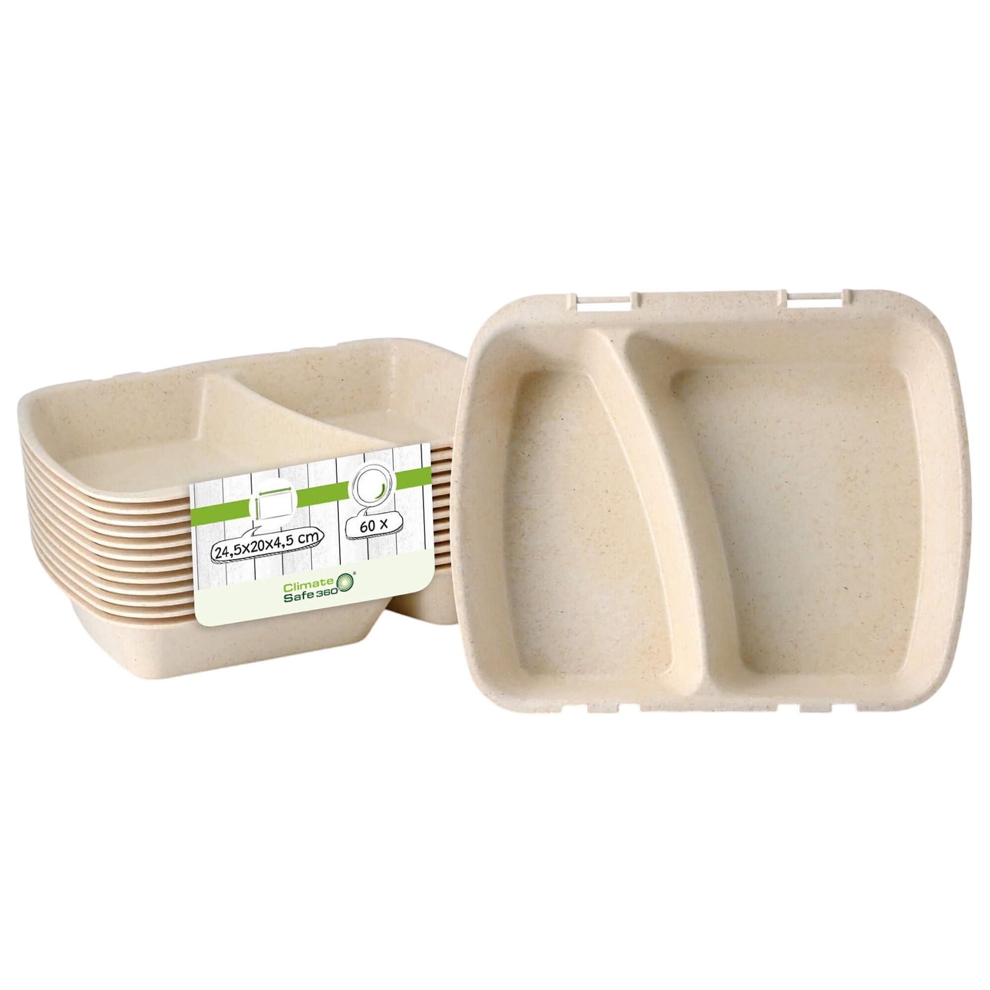 (60 pcs) Barquette réutilisable 2 compartiments - 245x200mm - Crème - Empilable