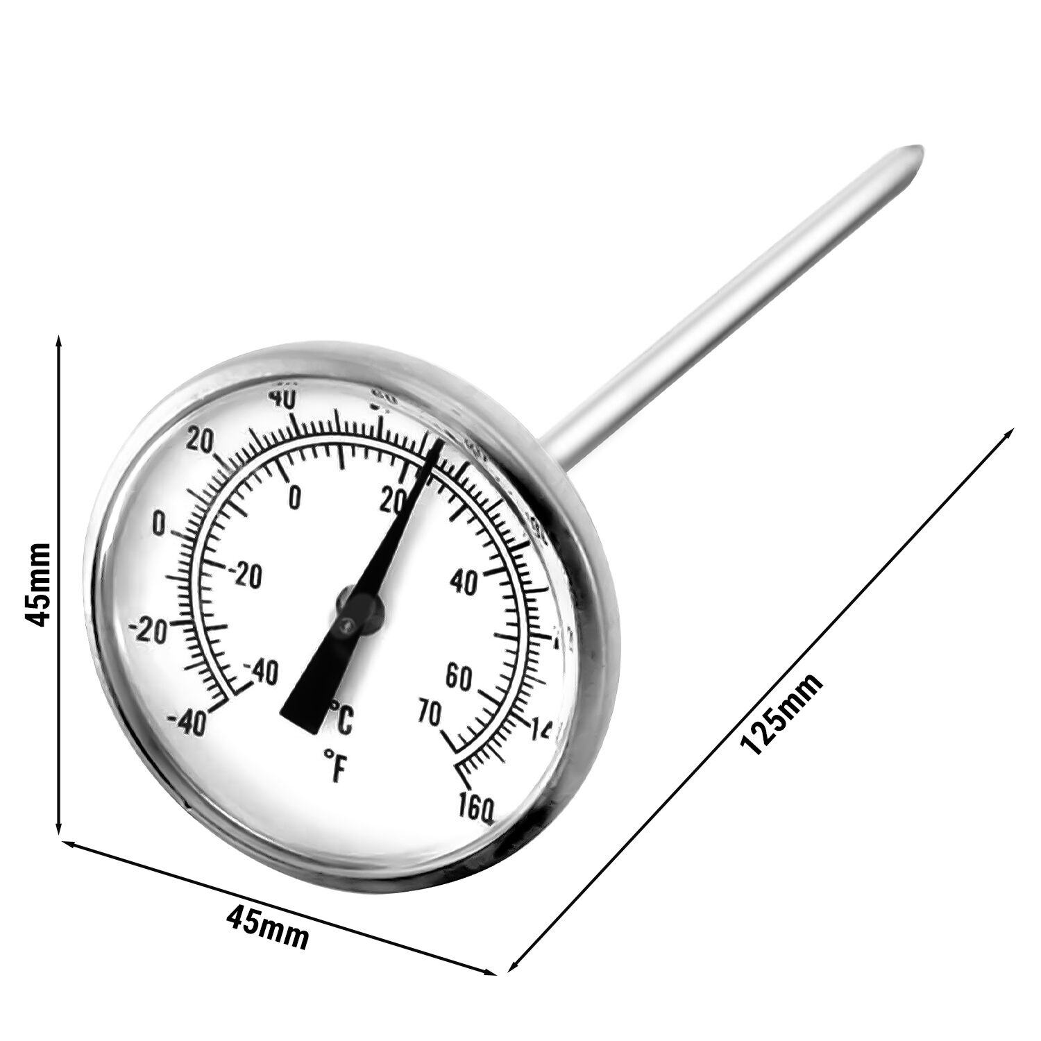 Thermomètre à sonde - Ø 45mm - Acier inoxydable - Longueur de sonde: 125mm - -40°C à 70°C