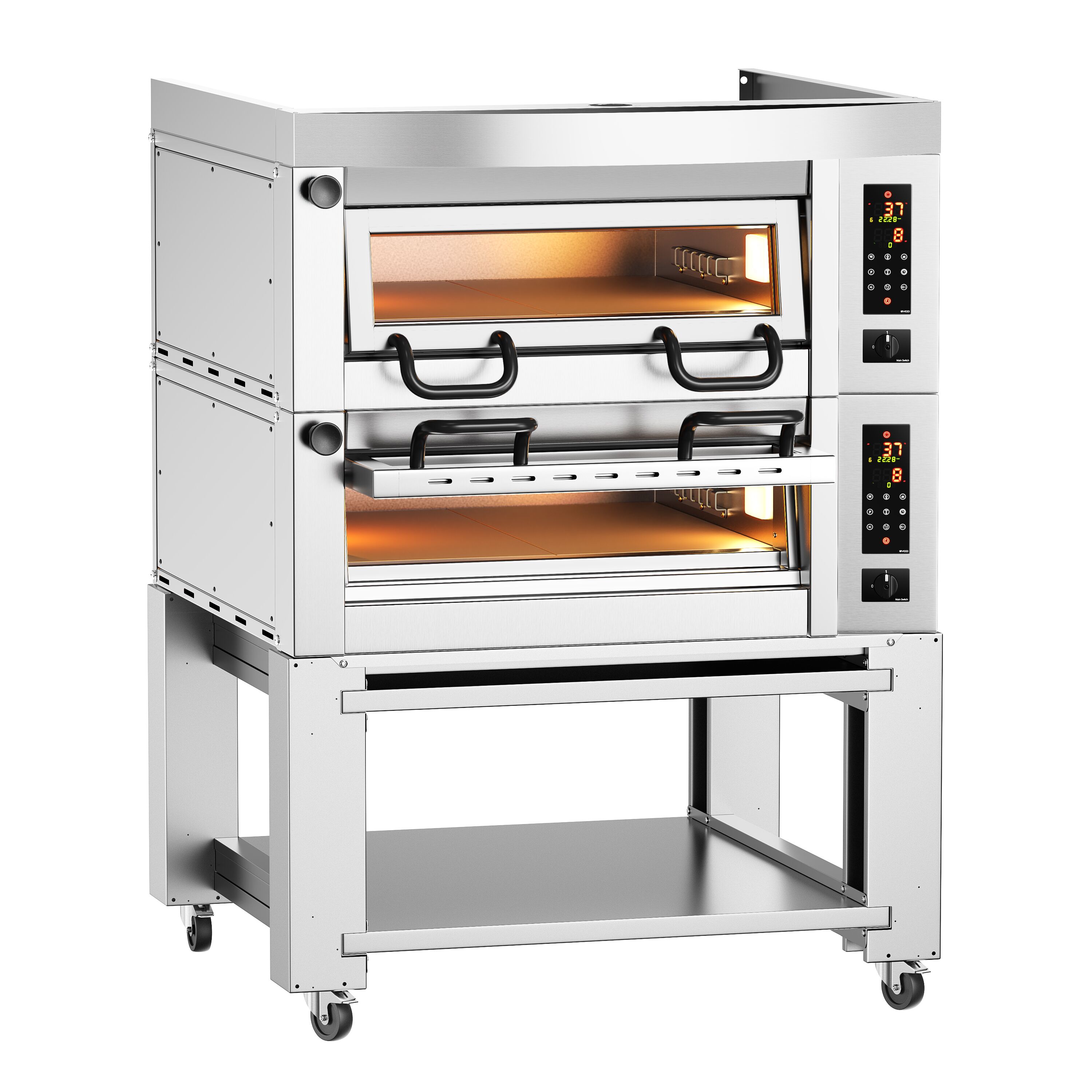 Elektryczny piec do pizzy Power – 4+4 x 34 cm – cyfrowy – w zestawie z okapem, podstawą i kółkami