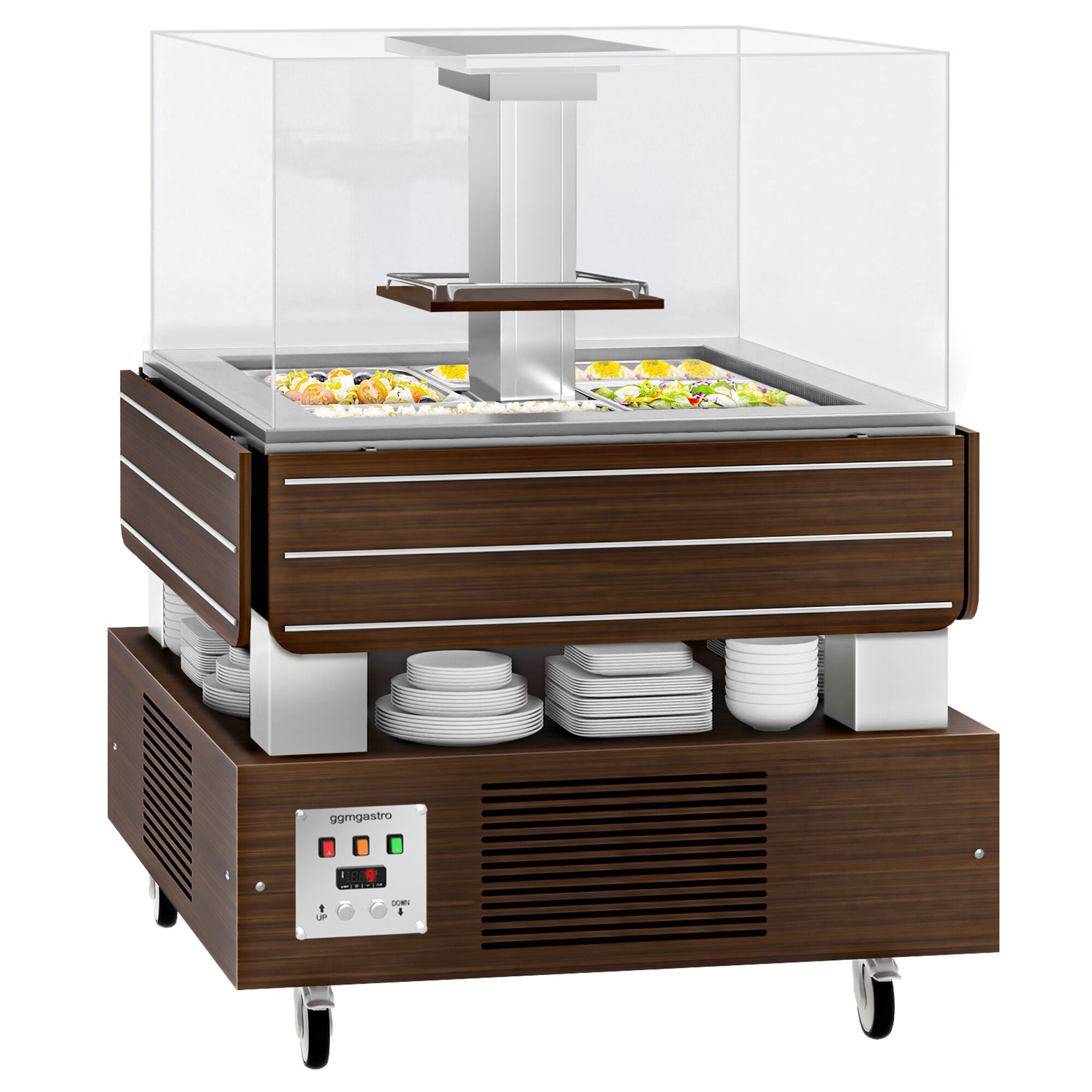 Salatbar Kaltbuffet DUBLIN - 1600mm - mit geradem Glasaufsatz - für 4x GN 1/1 - Braun
