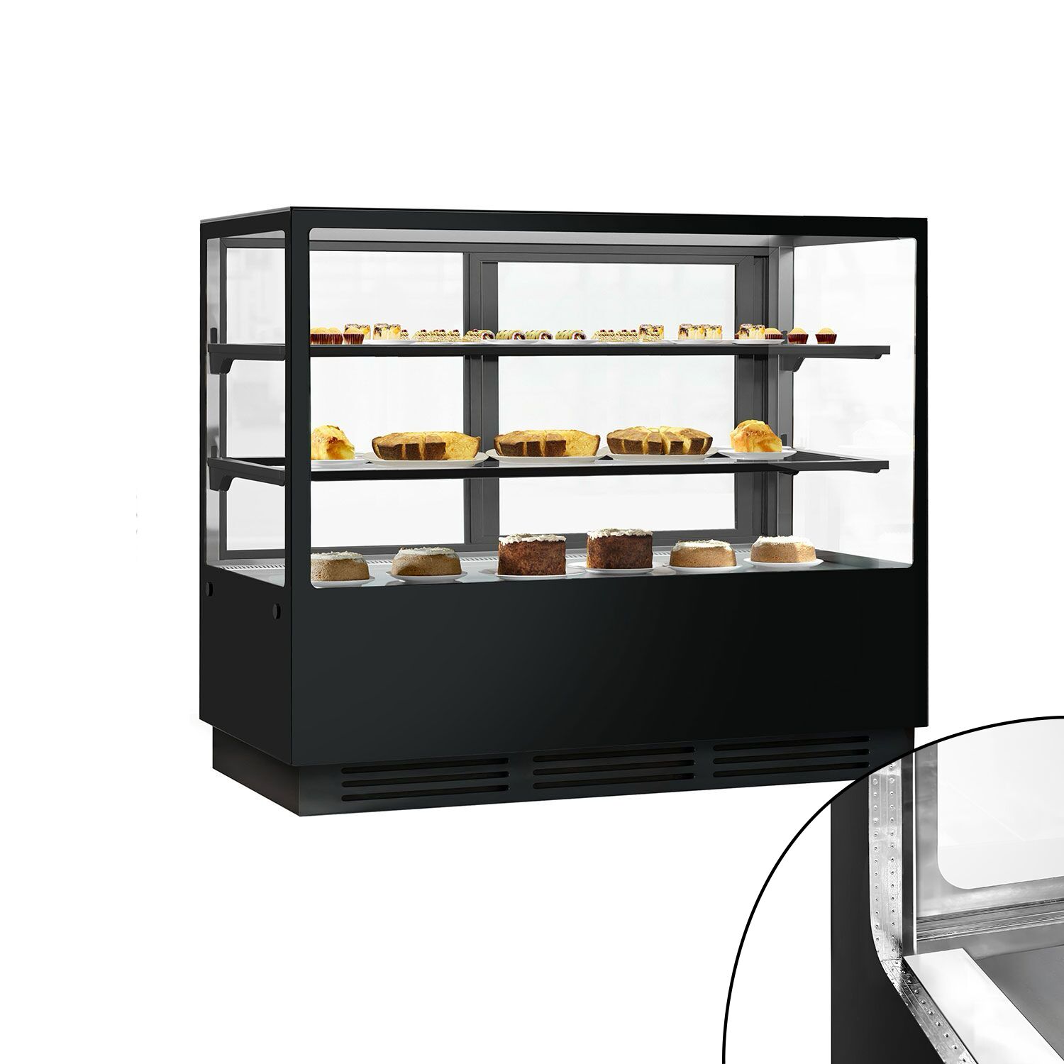 Vitrine à pâtisserie réfrigérée - 580L - 1500mm - Double vitrage - avec 2 étagères en verre - portes coulissantes vitrées arrière - Noir