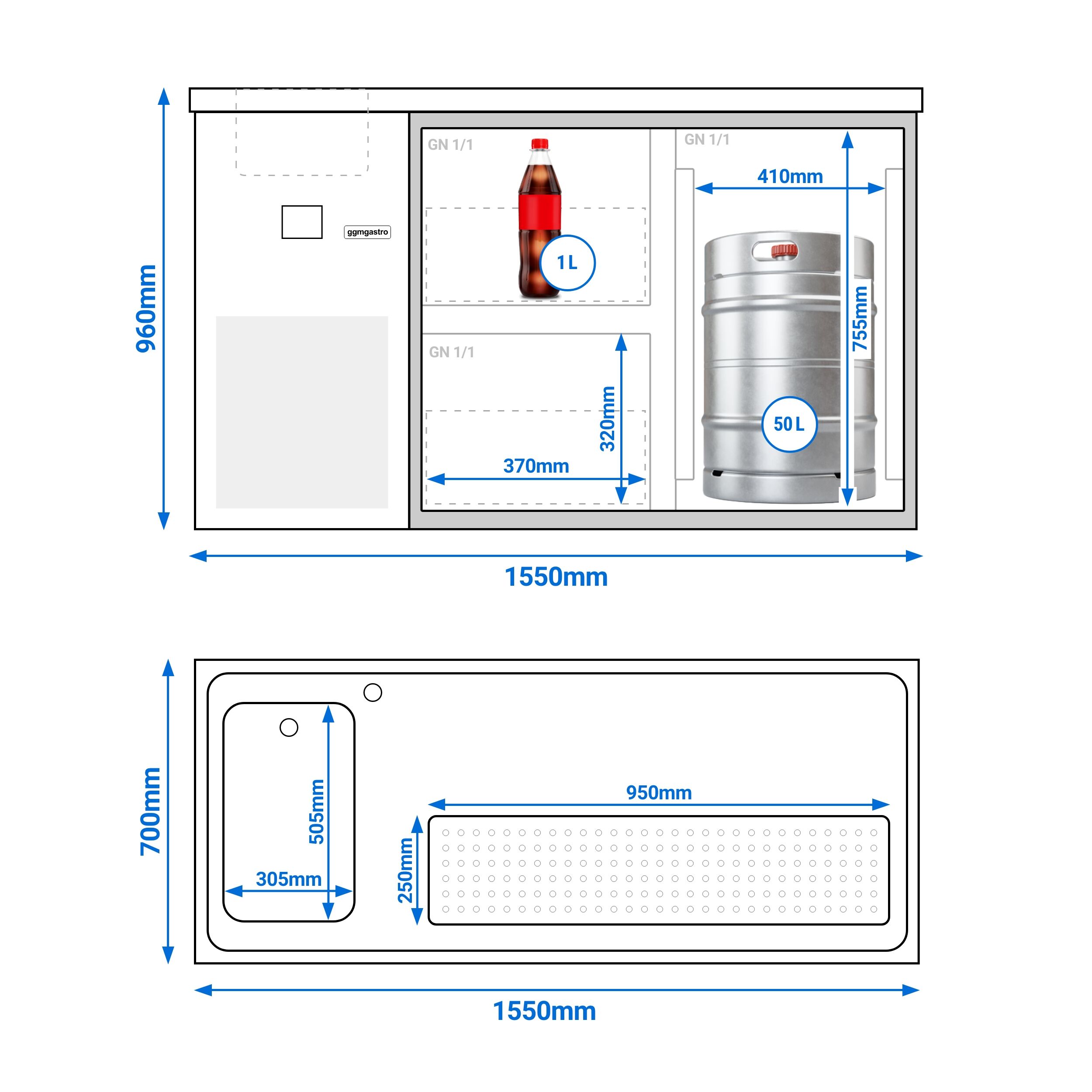 Comptoir de bar réfrigéré PREMIUM - 1550x700mm - 1 porte vitrée & 2 tiroirs en verre