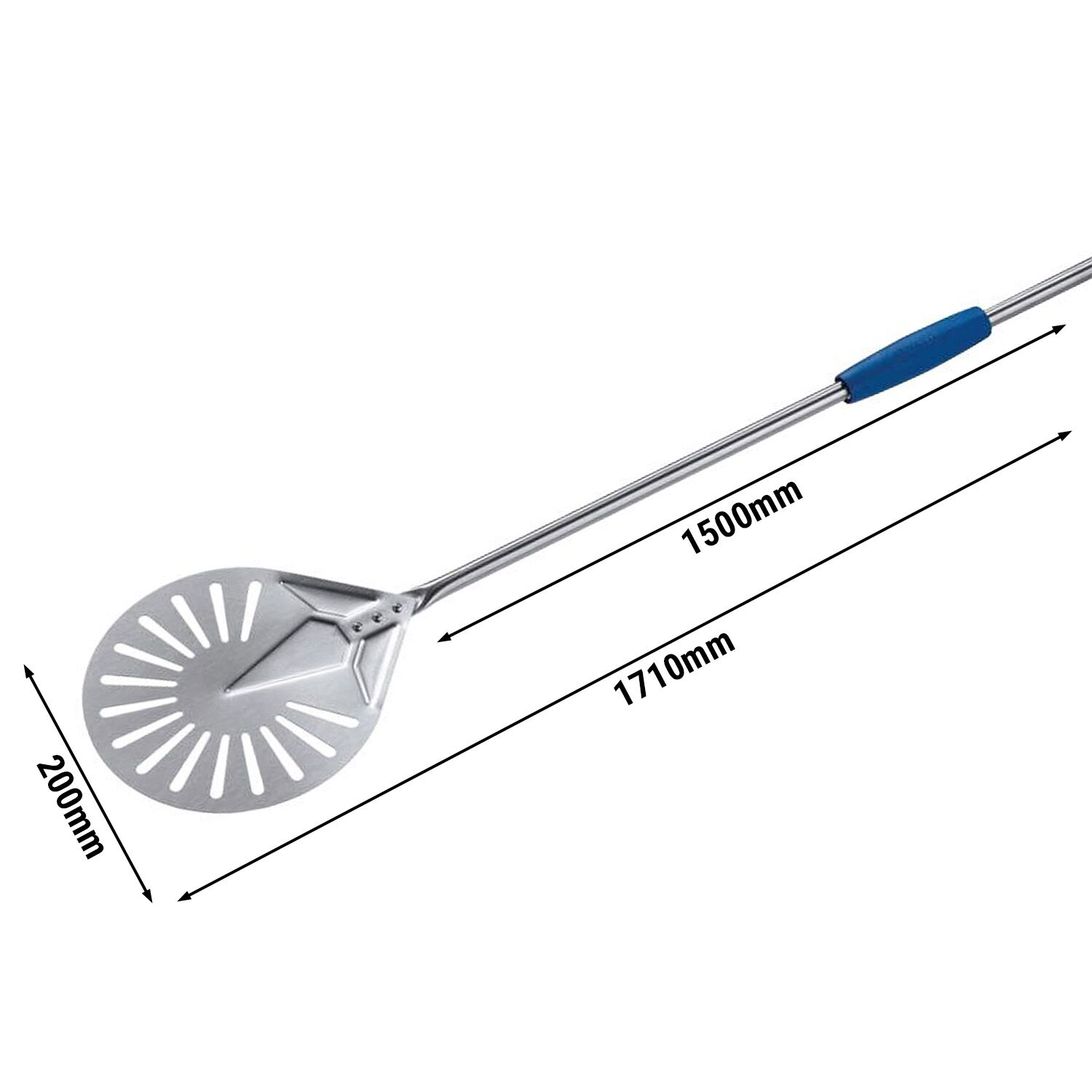 Pelle à pizza ronde PREMIUM - AZZURRA - Acier inoxydable - Ø200mm - perforée - manche 150cm