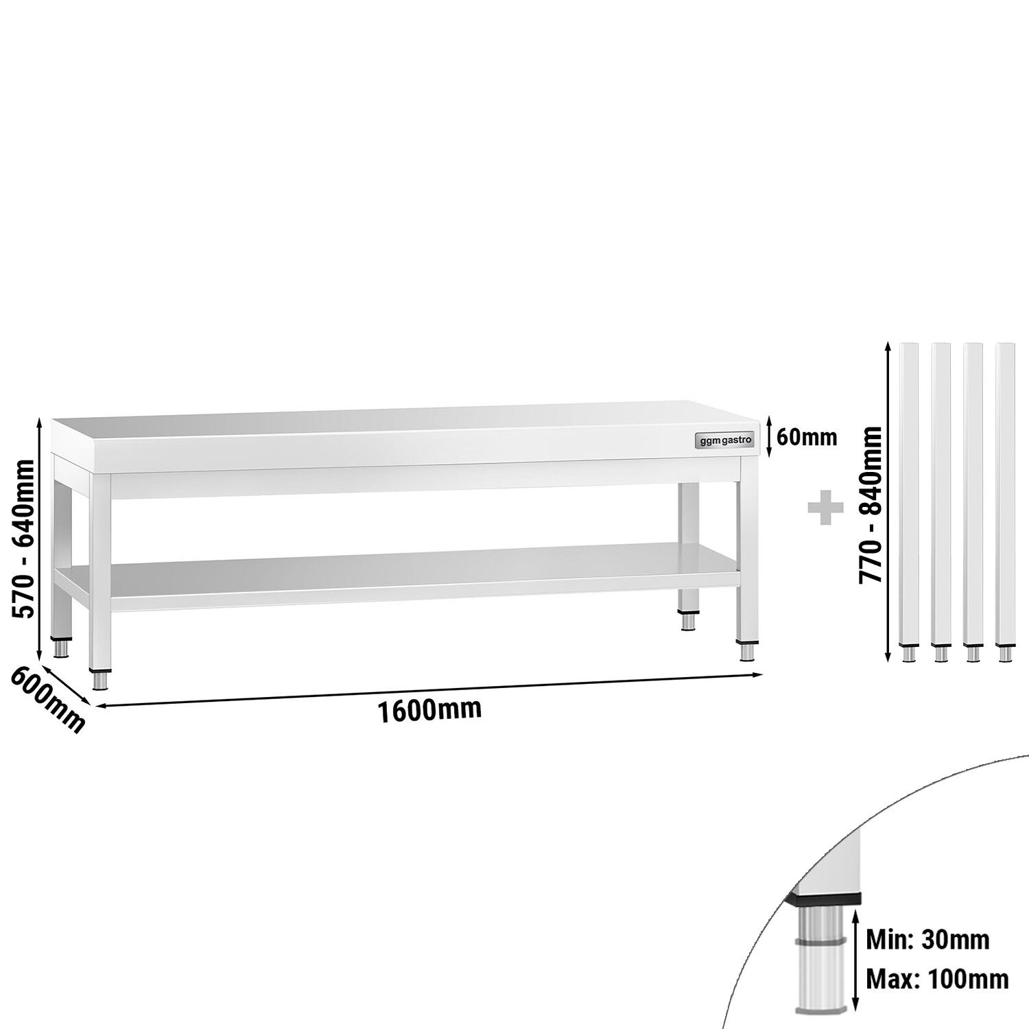 Table de travail en acier inoxydable PREMIUM - 1600x600mm - avec étagère basse