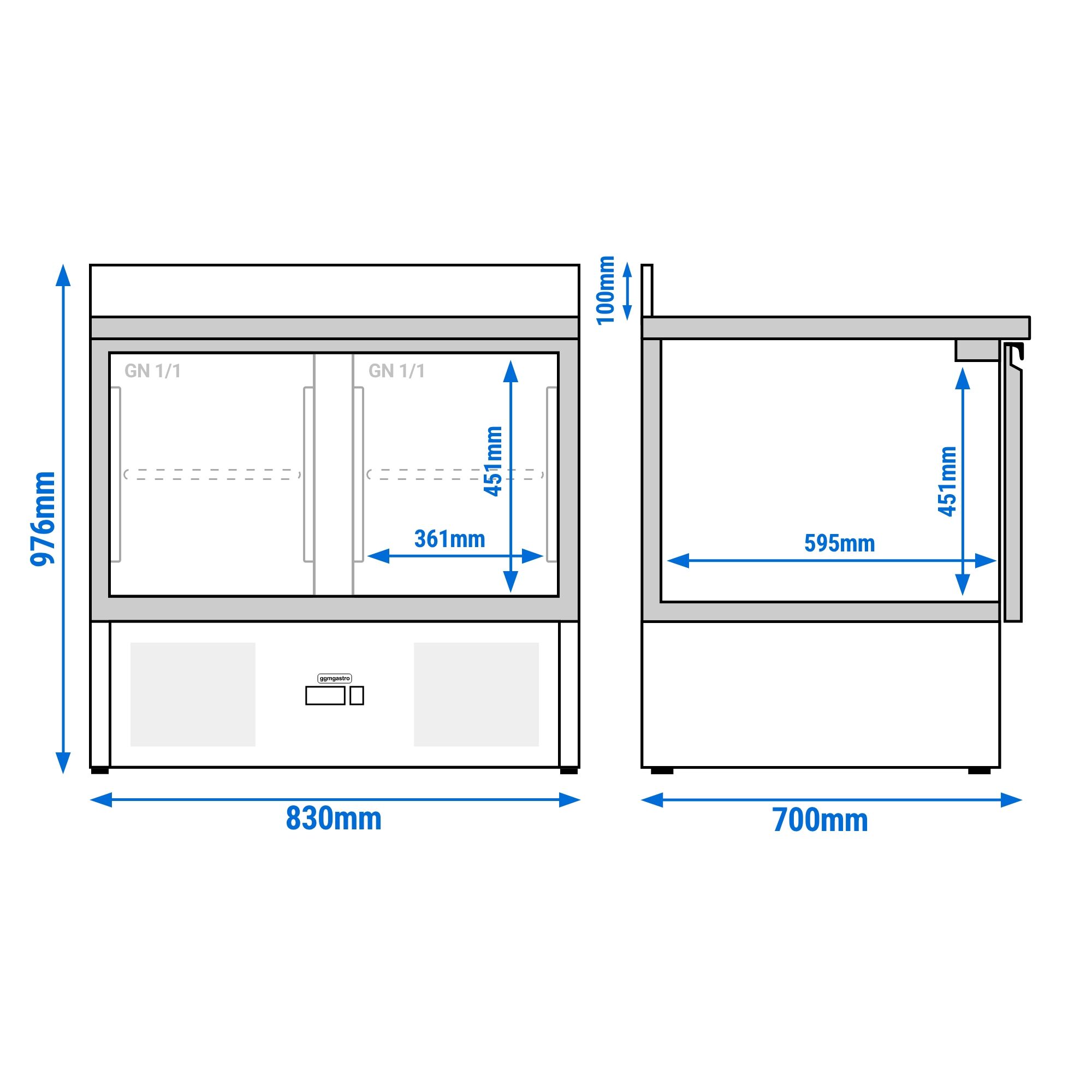 Table réfrigérée PREMIUM - 900 x 700 mm - 2 portes en verre - dosseret