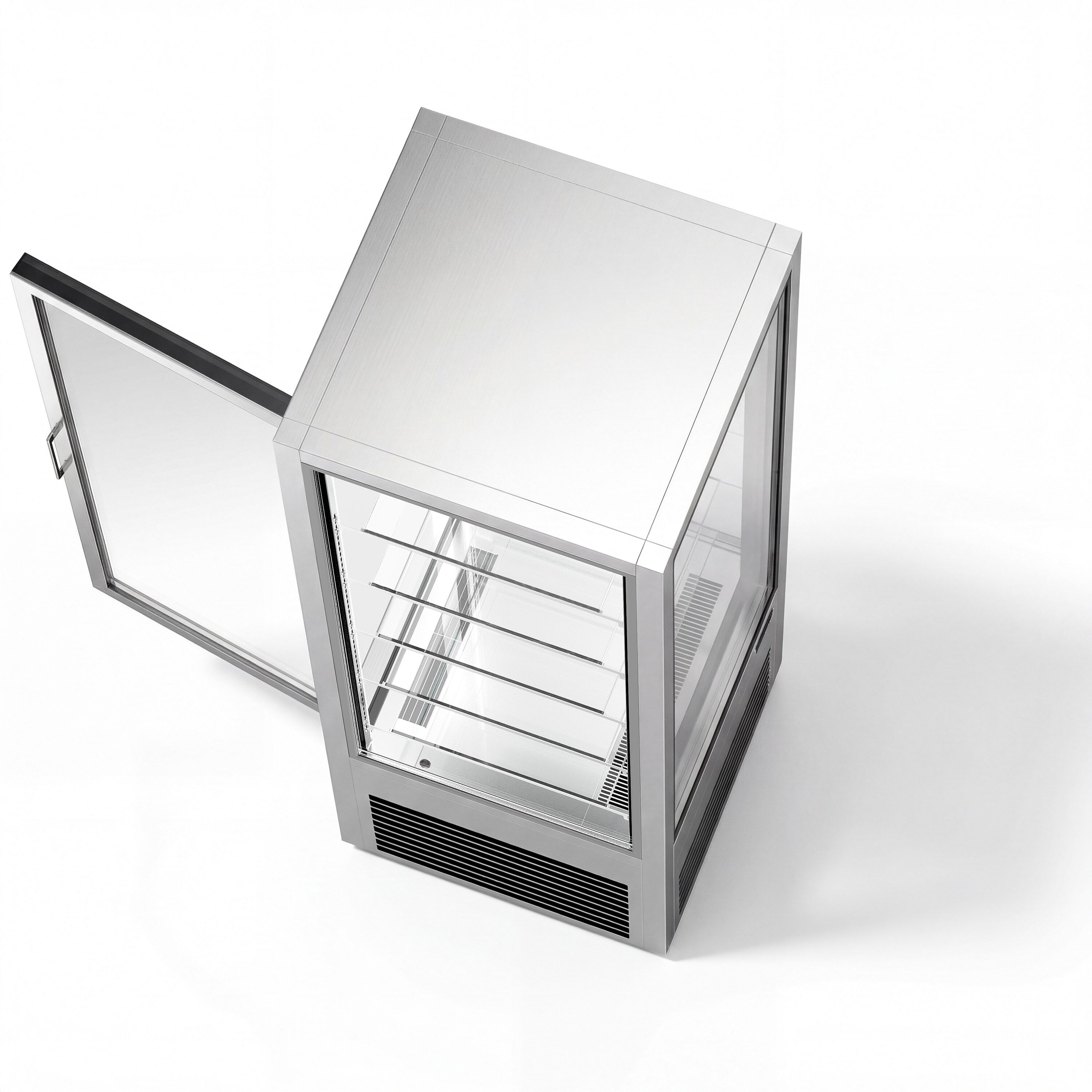 Vitrine réfrigérée 4 faces vitrées / Vitrine panoramique – 440 litres – 1 porte en verre – 5 étagères – Argent