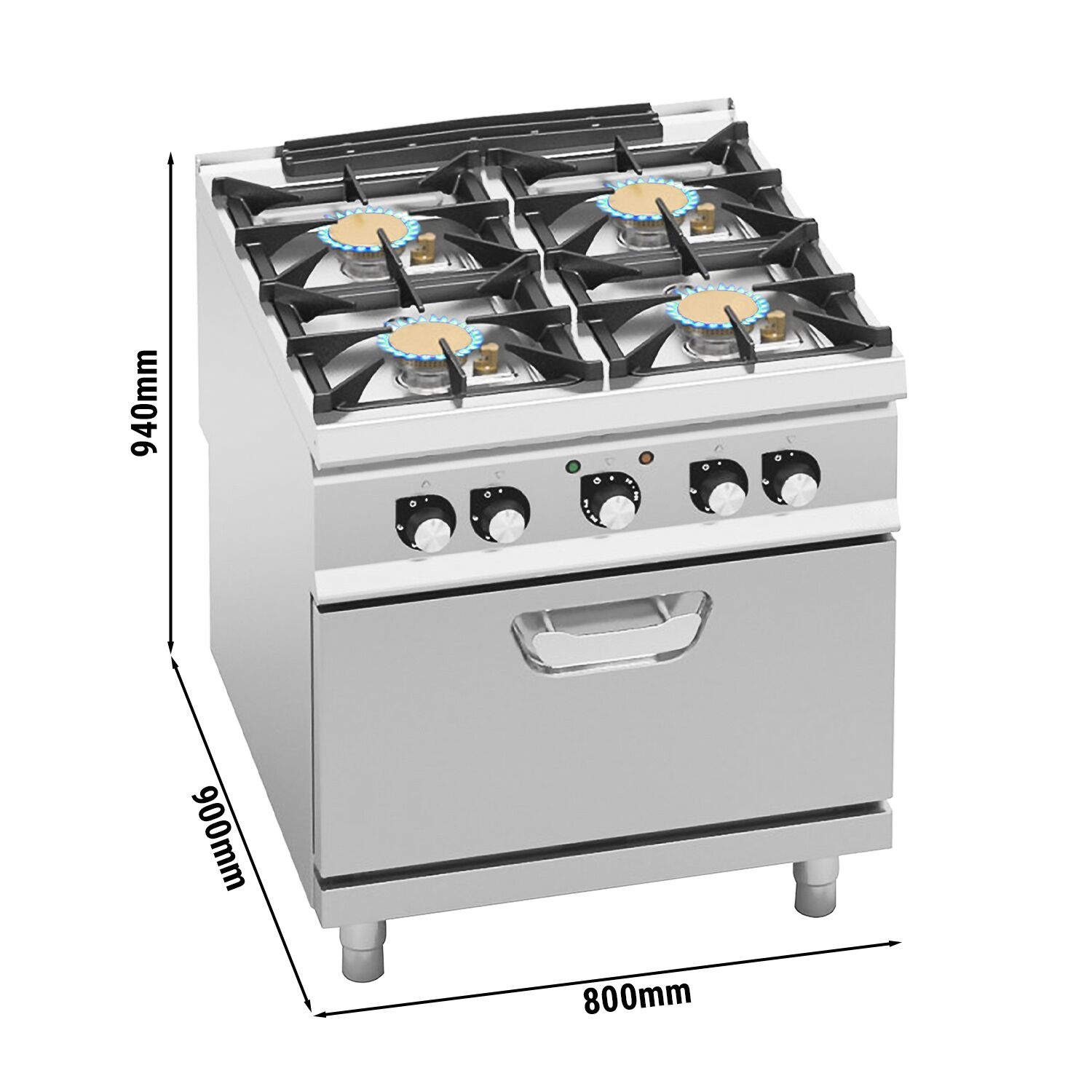Fourneau à gaz – 40 kW – 4 brûleurs – avec four électrique à convection – 4,68 kW – modèle haute performance