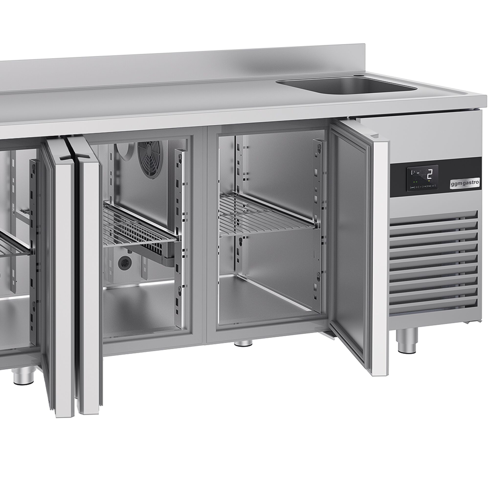 Commercial Counter Fridge PREMIUM - 2360x700mm - with 4 doors - with sink right - with upstand - capacity 540 litres