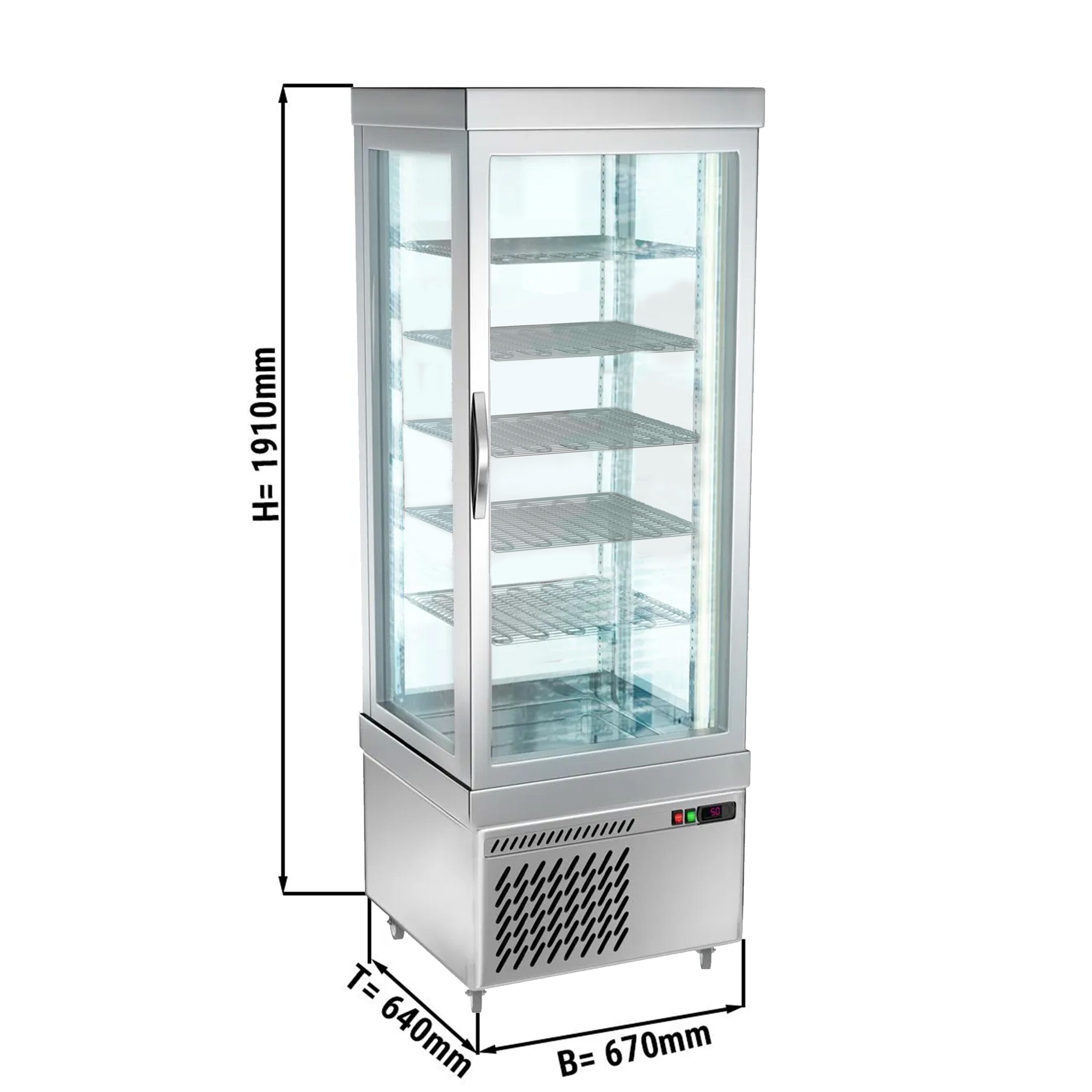 4-Sided Glass Display Fridge - 430L - 670mm - with 5 rotating glass shelves - 1 glass door - for patisserie - Silver