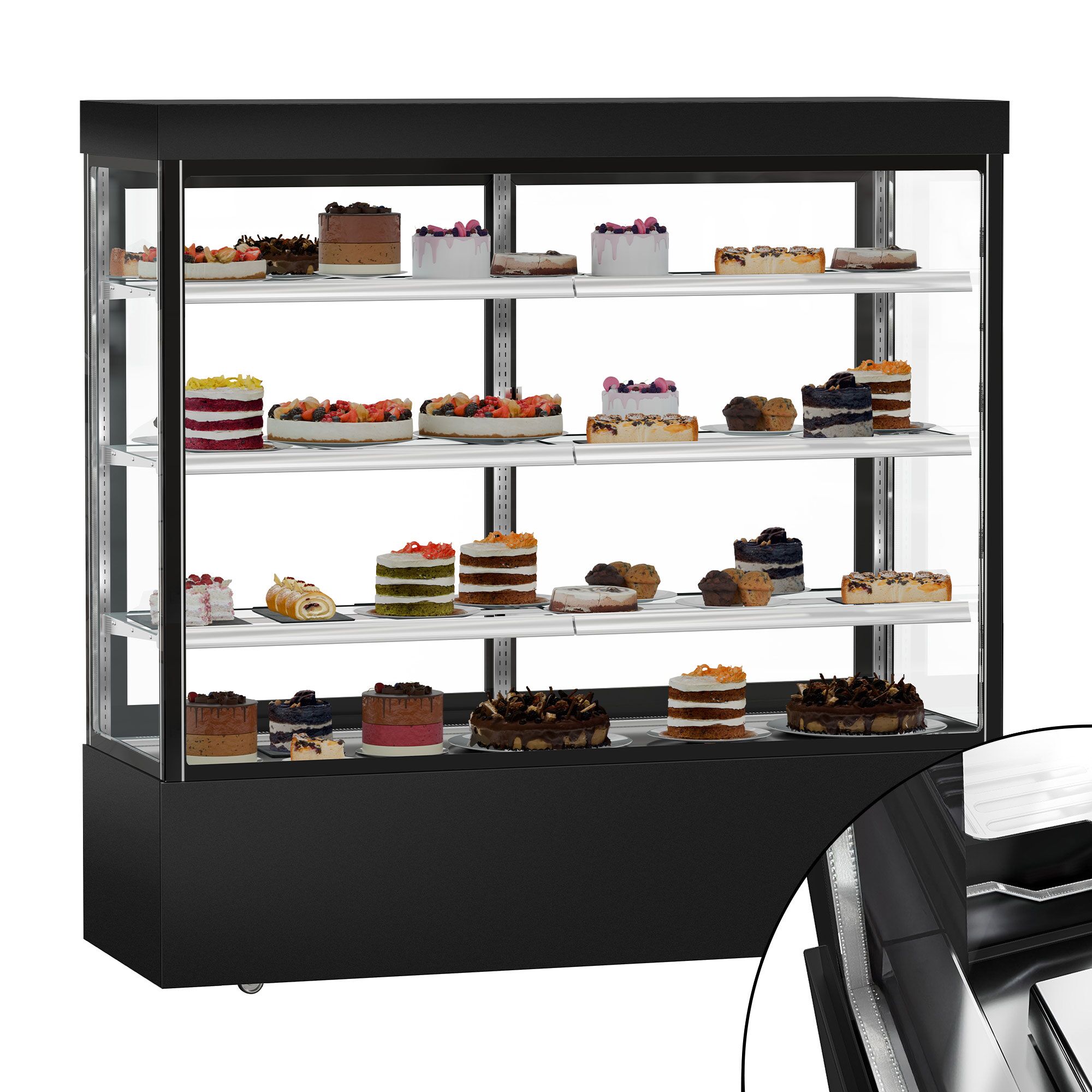 Vitrine à pâtisserie réfrigérée MADRID - 1200L - 1800mm - Double vitrage - avec 3 étagères en verre - portes coulissantes vitrées arrière - Noir mat