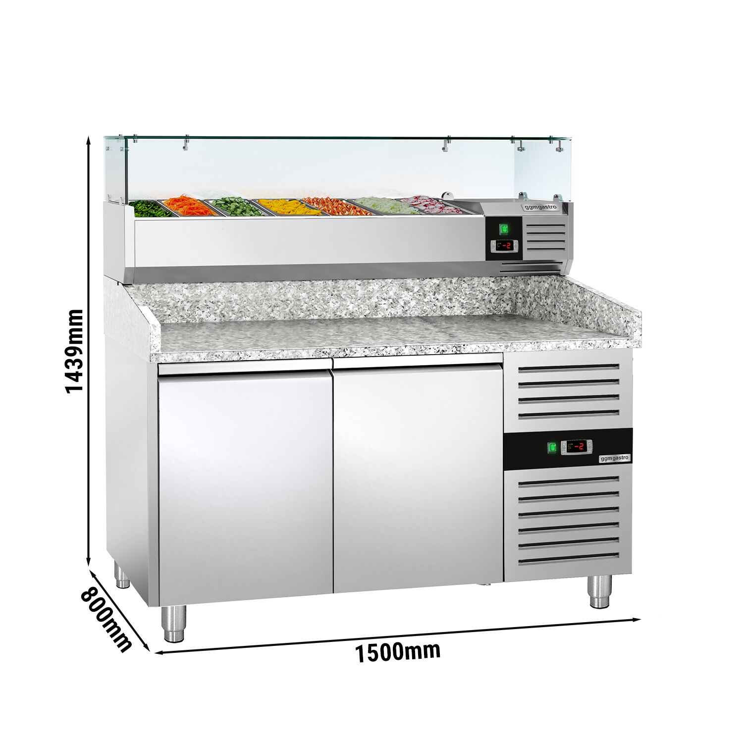 Pizzakylbänk ECO - 1500x800 mm - granitskiva - med 2 dörrar - inkl. kylränna med glasöverbyggnad - 7x GN 1/4