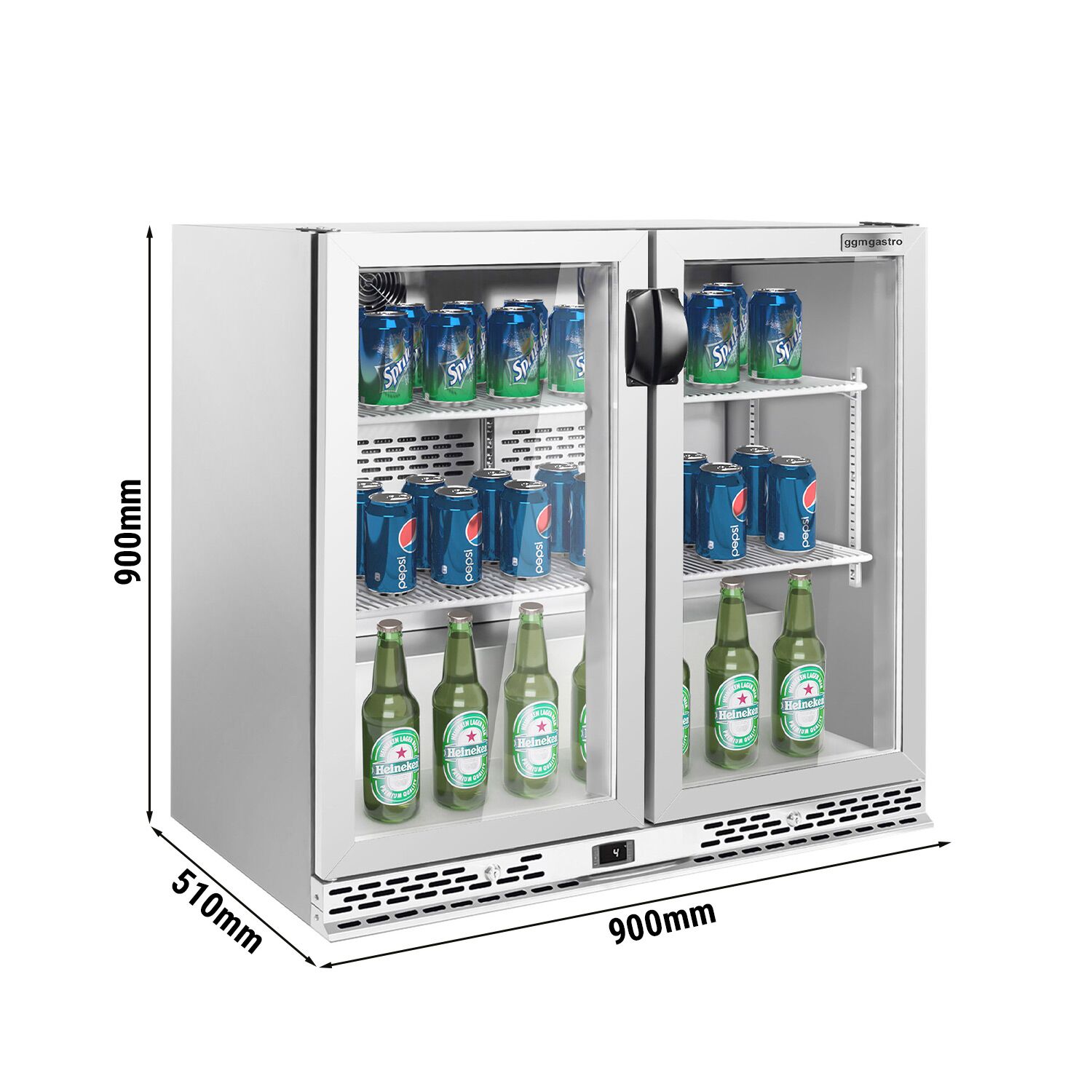 Réfrigérateur de bar – 900 mm – 200 litres – avec 2 portes vitrées battantes – en inox