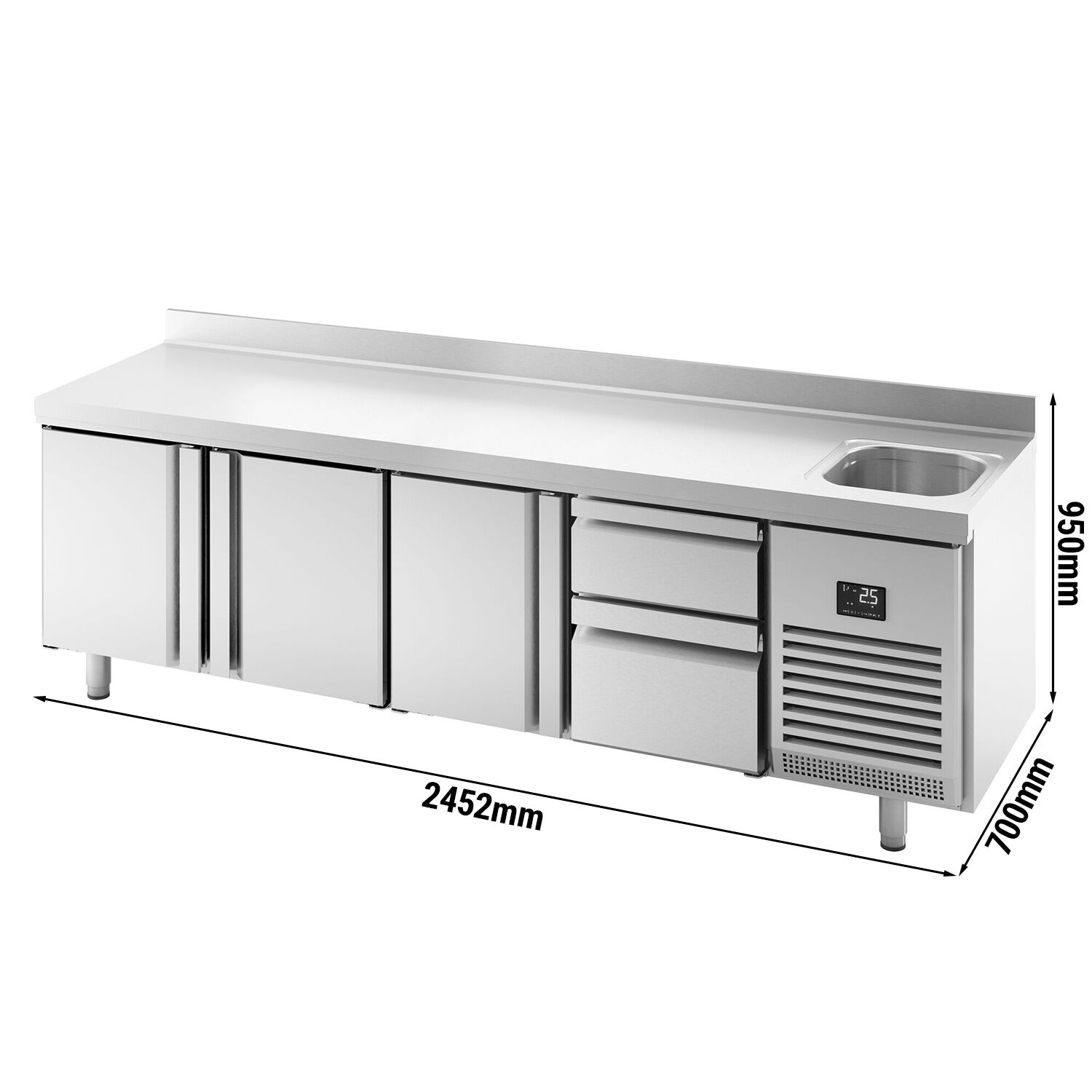 Kylbänk Premium PLUS - 2452x700 mm - 630 l - med 1 ho - 3 dörrar - med 2 lådor - hög bakkant