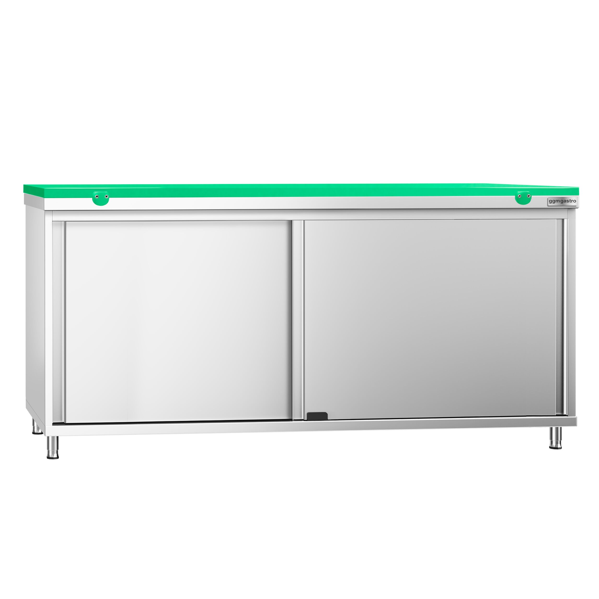 Table armoire en acier inoxydable PREMIUM - 1800x600mm - avec portes coulissantes - pour fruits et légumes - incl. plateau de découpe Vert PEHD (HACCP)