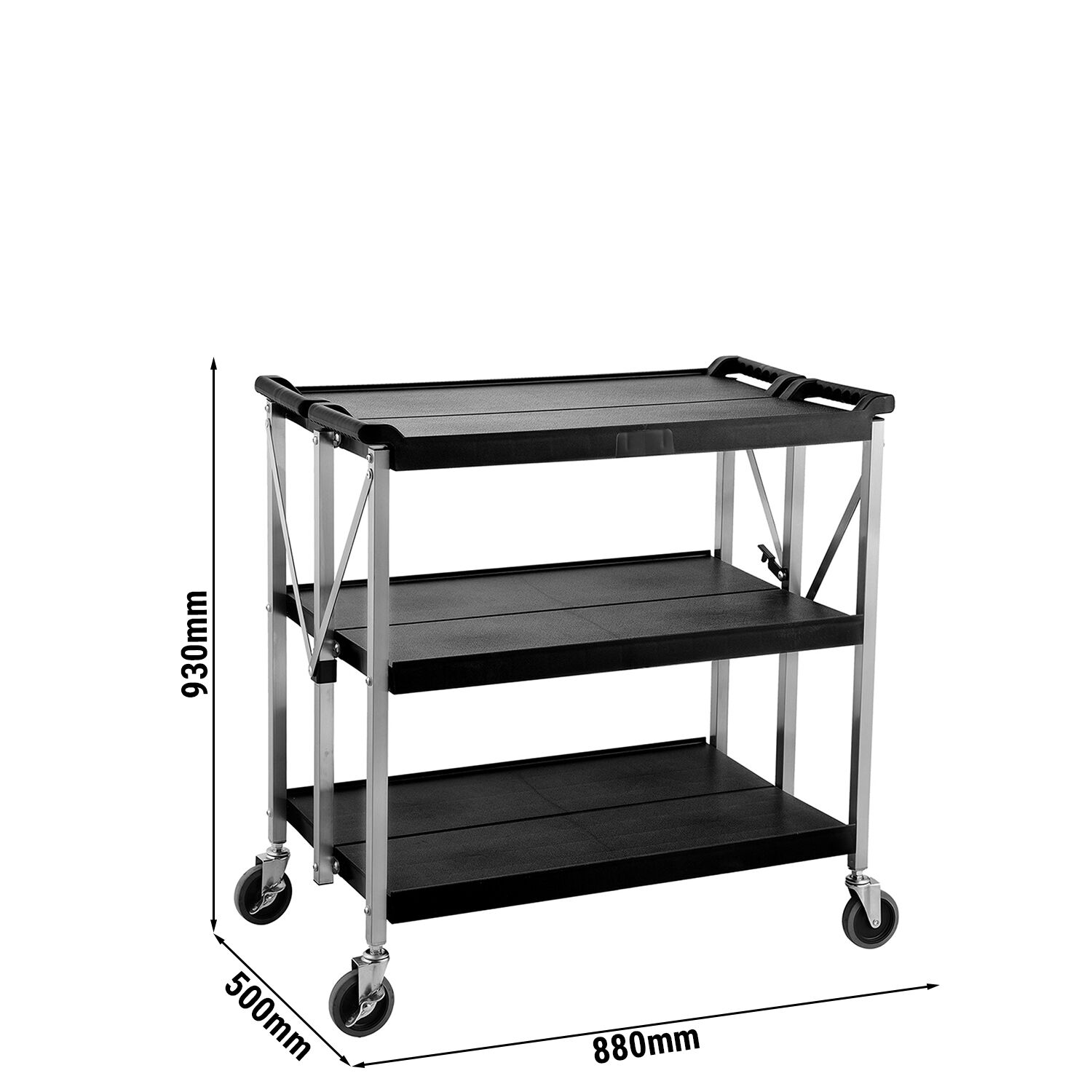 Chariot de service – pliable – en plastique – 880 × 500 mm – avec 3 plateaux