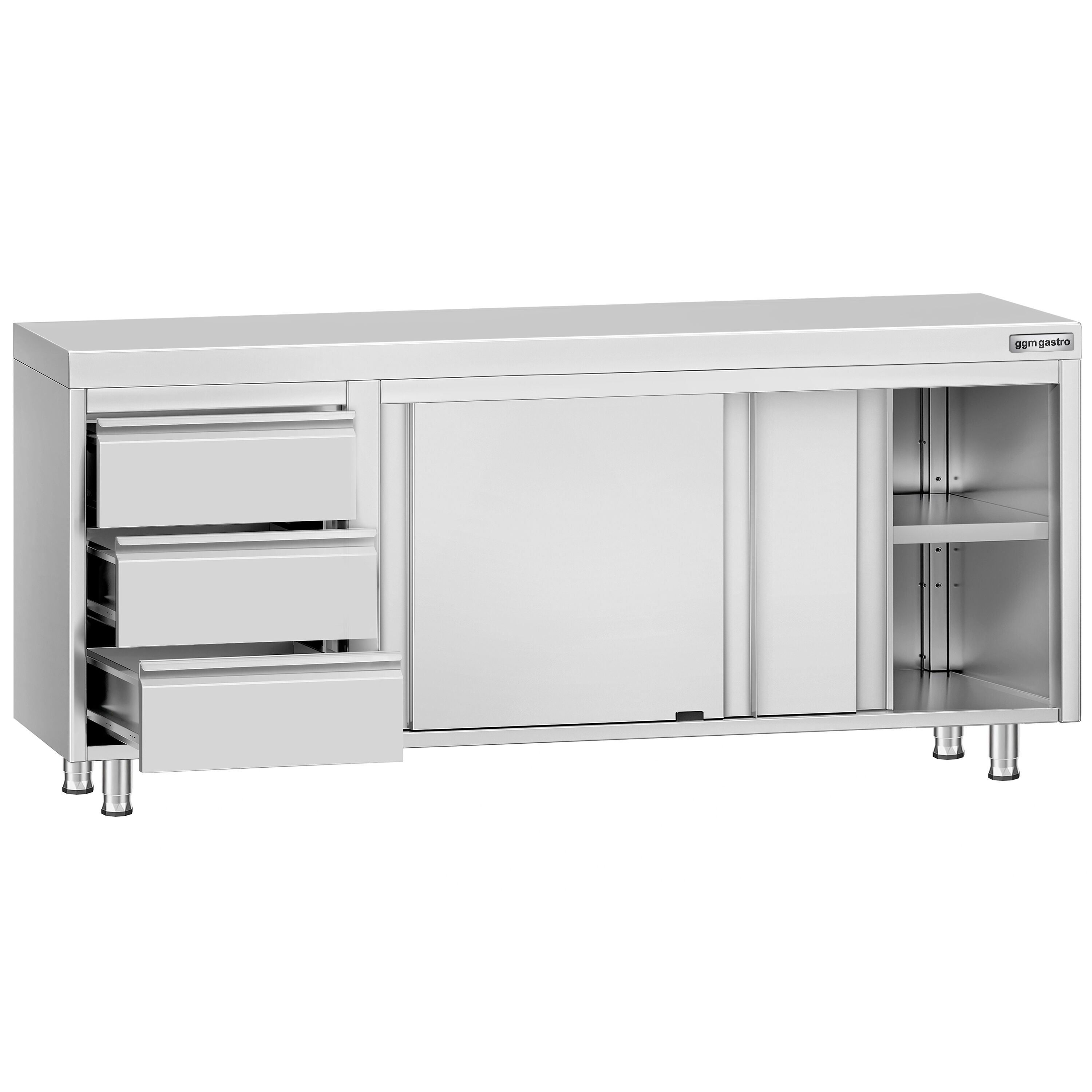 Table armoire en acier inoxydable ECO - 2000x700mm - avec 3 tiroirs à gauche et portes coulissantes