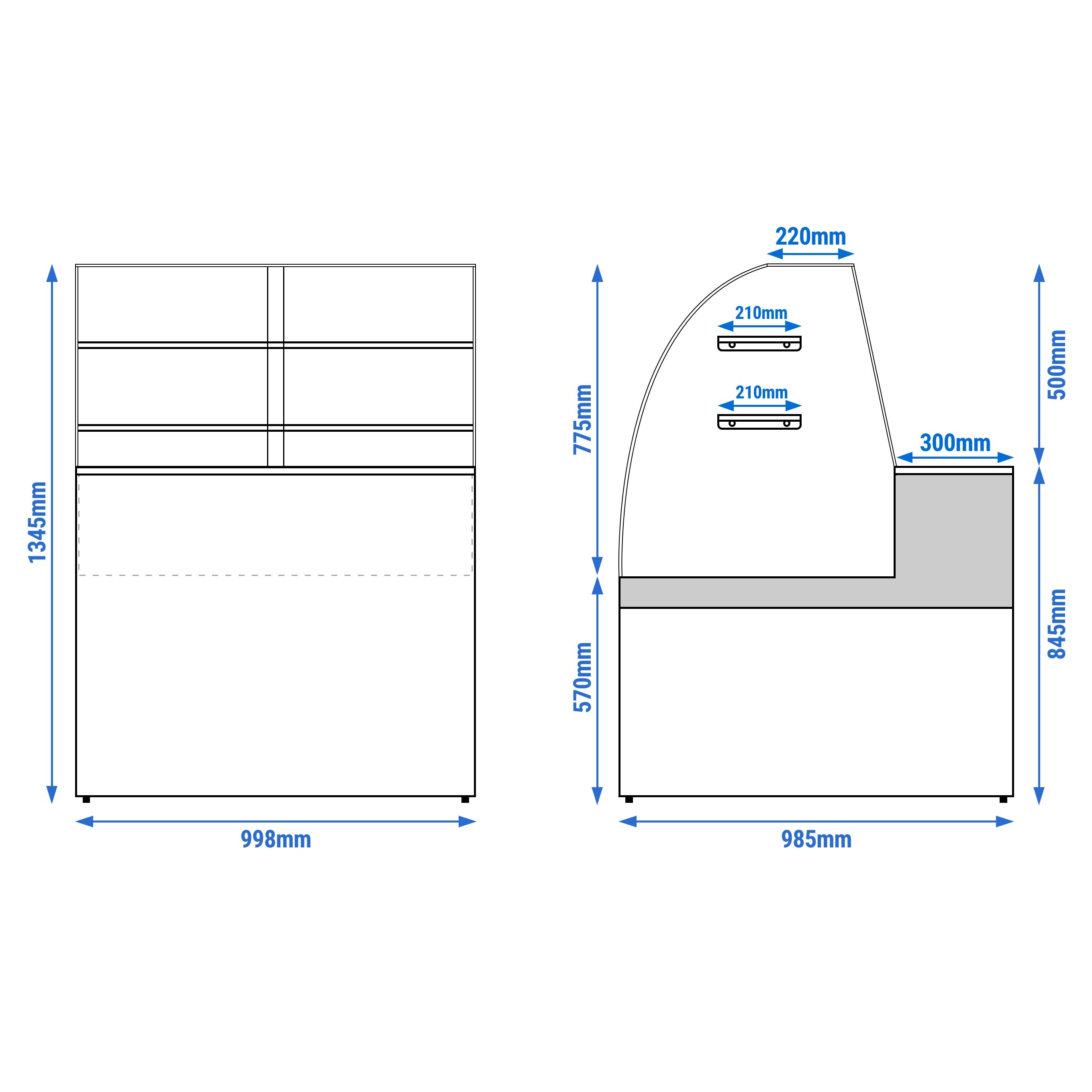 Comptoir vitrine réfrigérée - 998x985mm - +4/+8°C - 163L - façade bombée - 1 porte