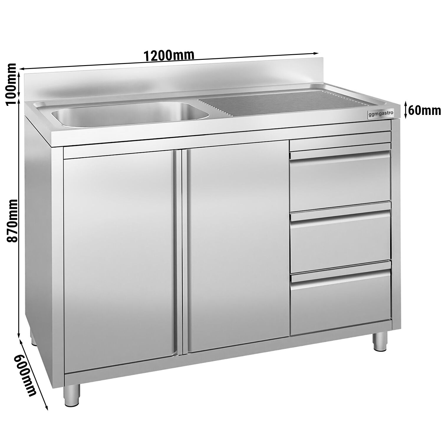 Meuble plonge - 1200x600mm - avec 1 bac à droite - 3 tiroirs