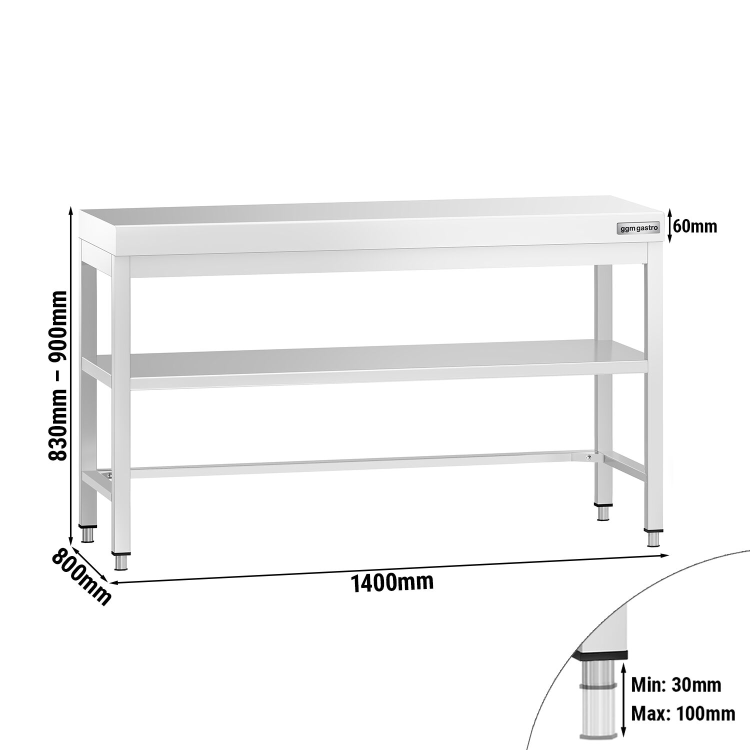 Table de travail inox PREMIUM - 1400 x 800 mm - avec tablette inférieure & Renforts