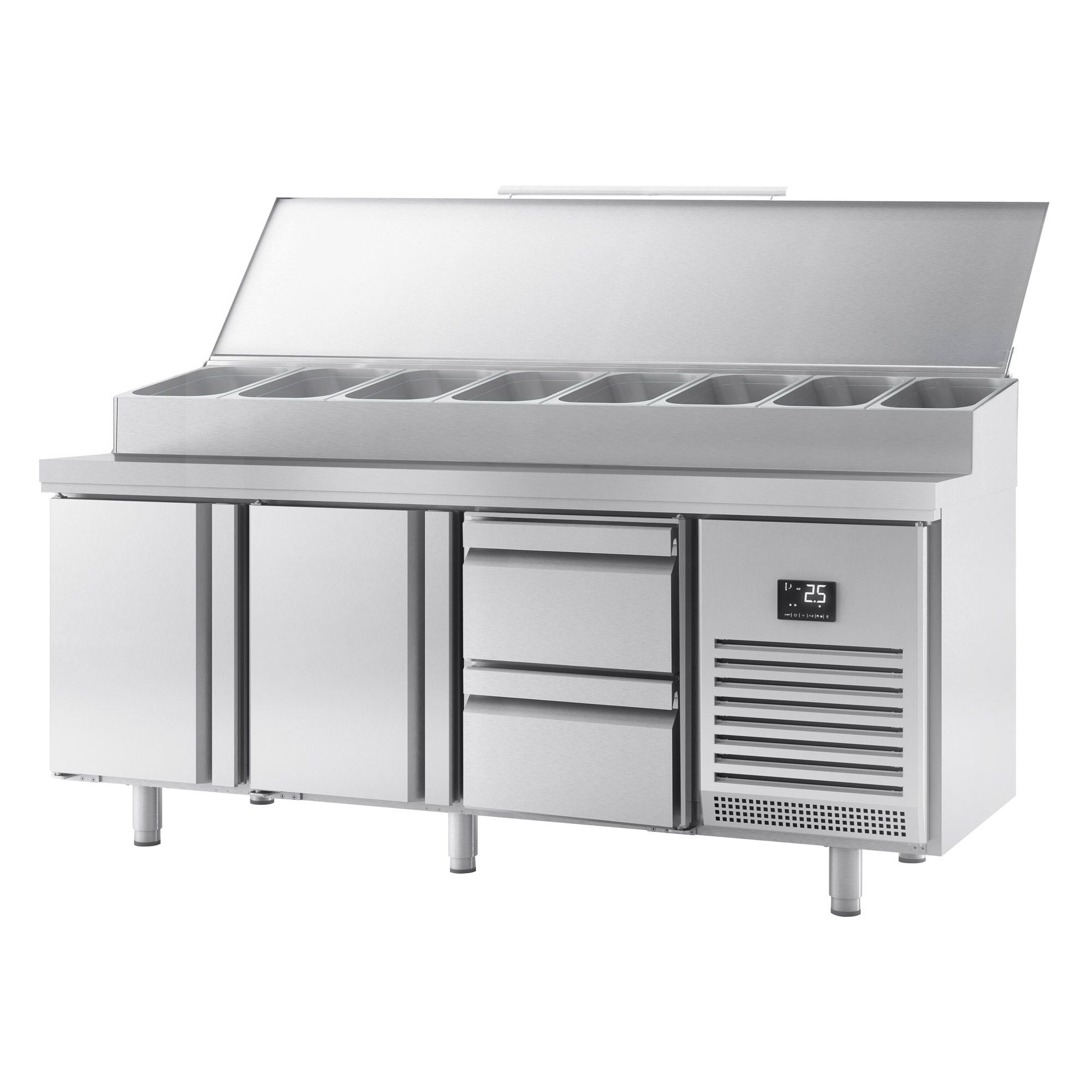 Table réfrigérée de préparation - 1960x700 mm - avec 2 portes & 2 tiroirs - superstructure inox 1x GN 1/2 & 9x GN 1/3