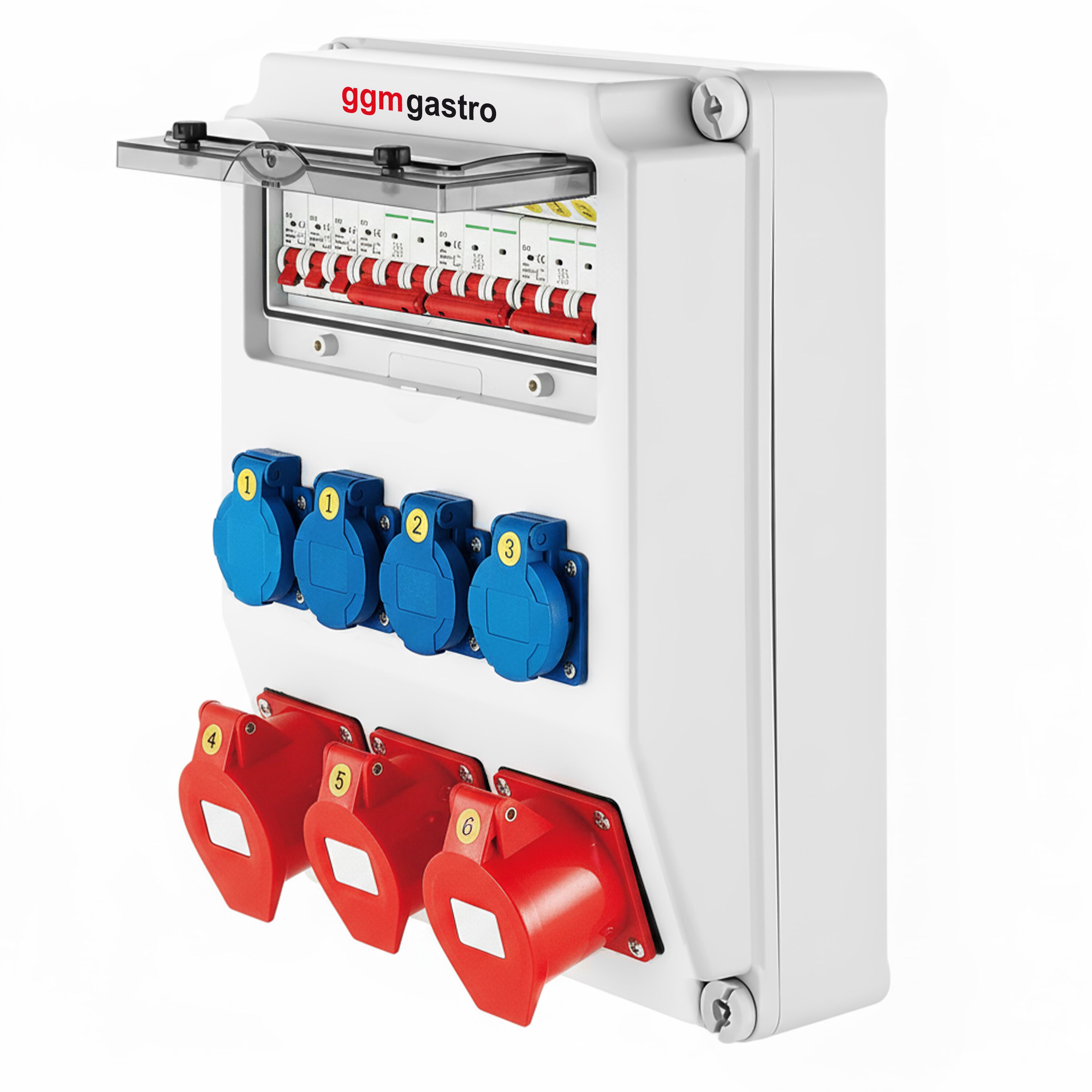 Fördelningsskåp - 4x Schuko 230 V, 2x CEE 16 A 400 V (5-pol) & 1x CEE 32 A 400 V (5-pol) uttag
