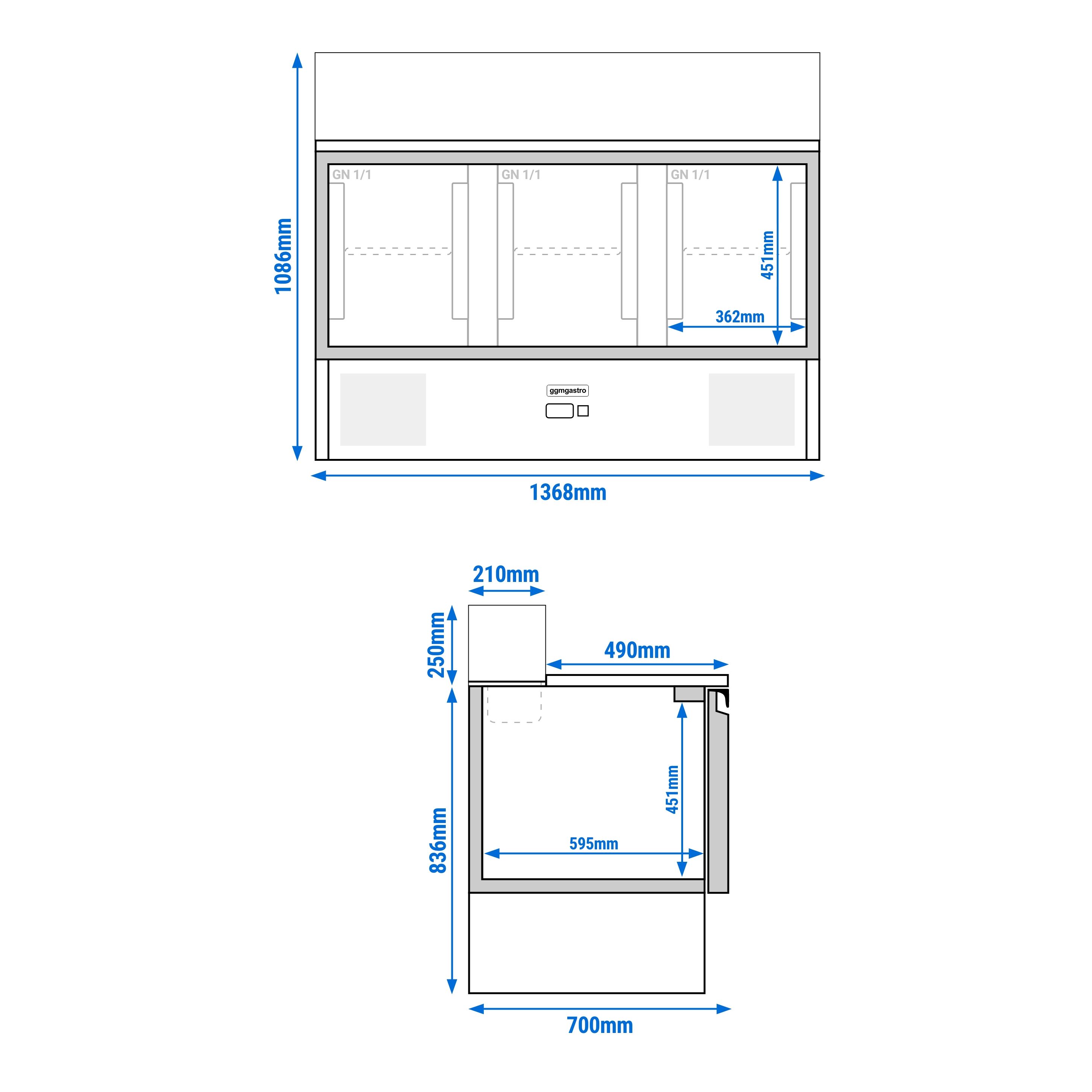 Saladette réfrigérée ECO - 1368mm - 368L - 3 portes - avec vitrine de comptoir pour 8x GN 1/6