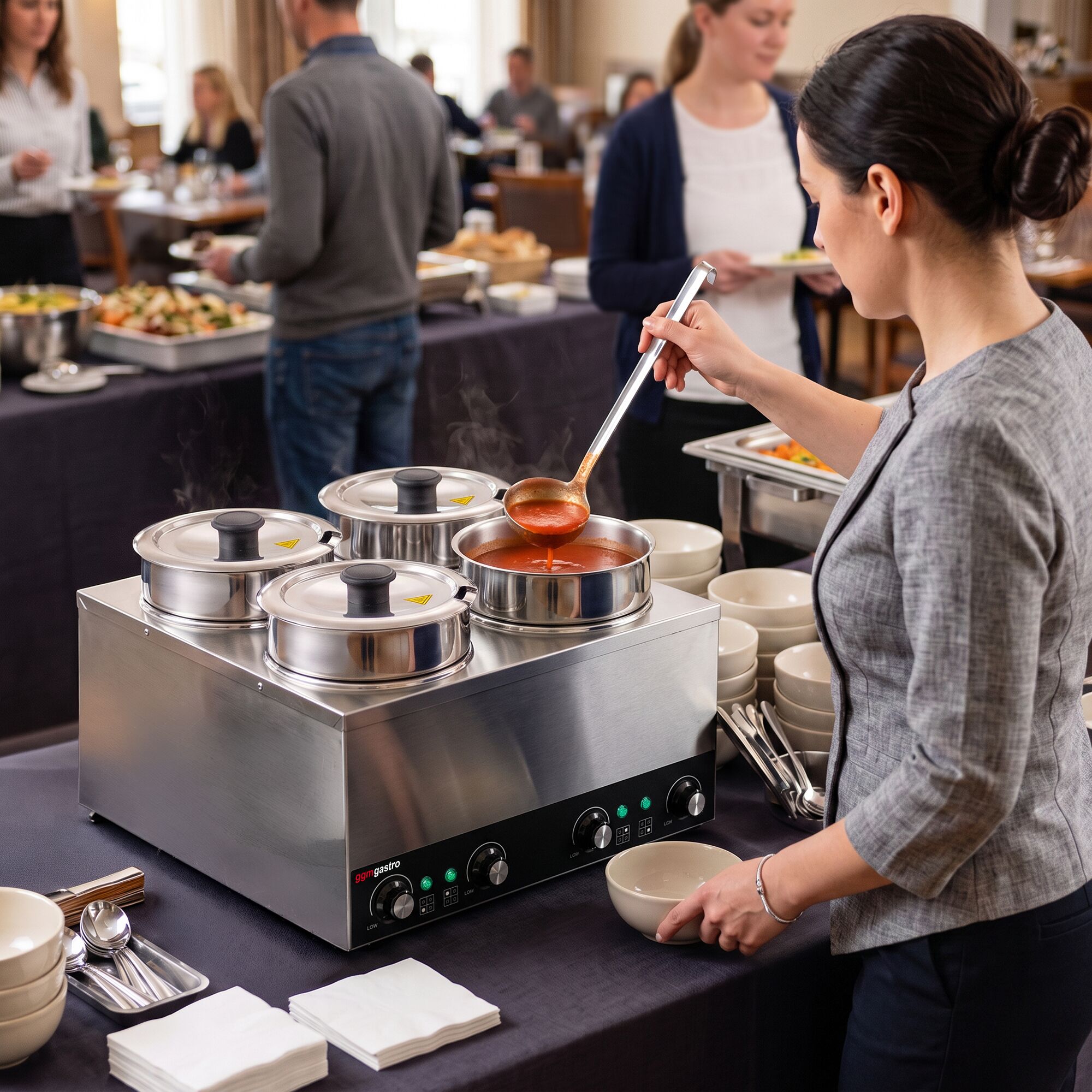 Commercial Bain Marie Soup & Sauce Warmer - Wet Heat - 14L - 600W - 4 Round Pots with each 3,5L