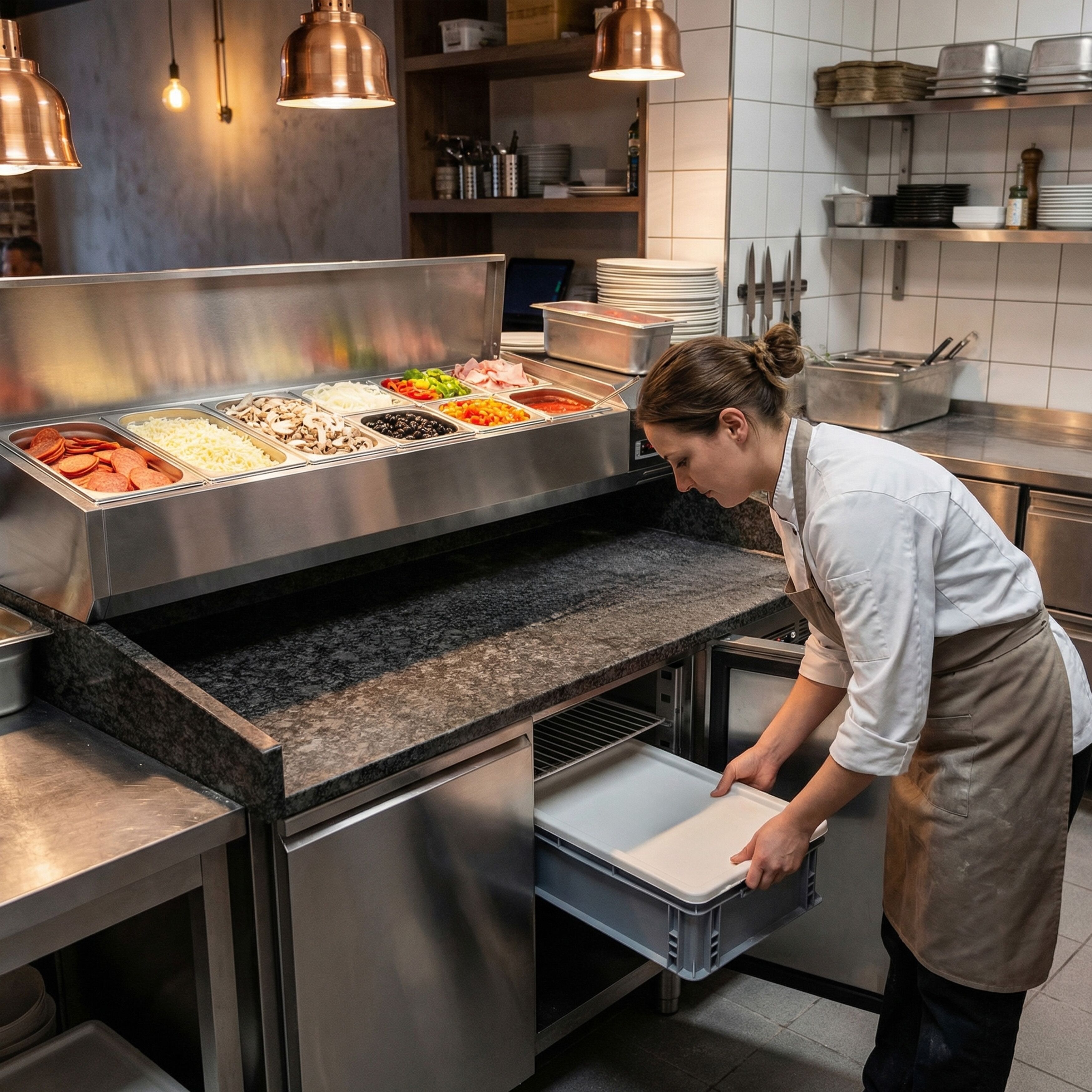 Table réfrigérée à pizza PREMIUM - 1500x800 mm - avec 2 portes - incl. vitrine réfrigérée - 6x GN 1/3